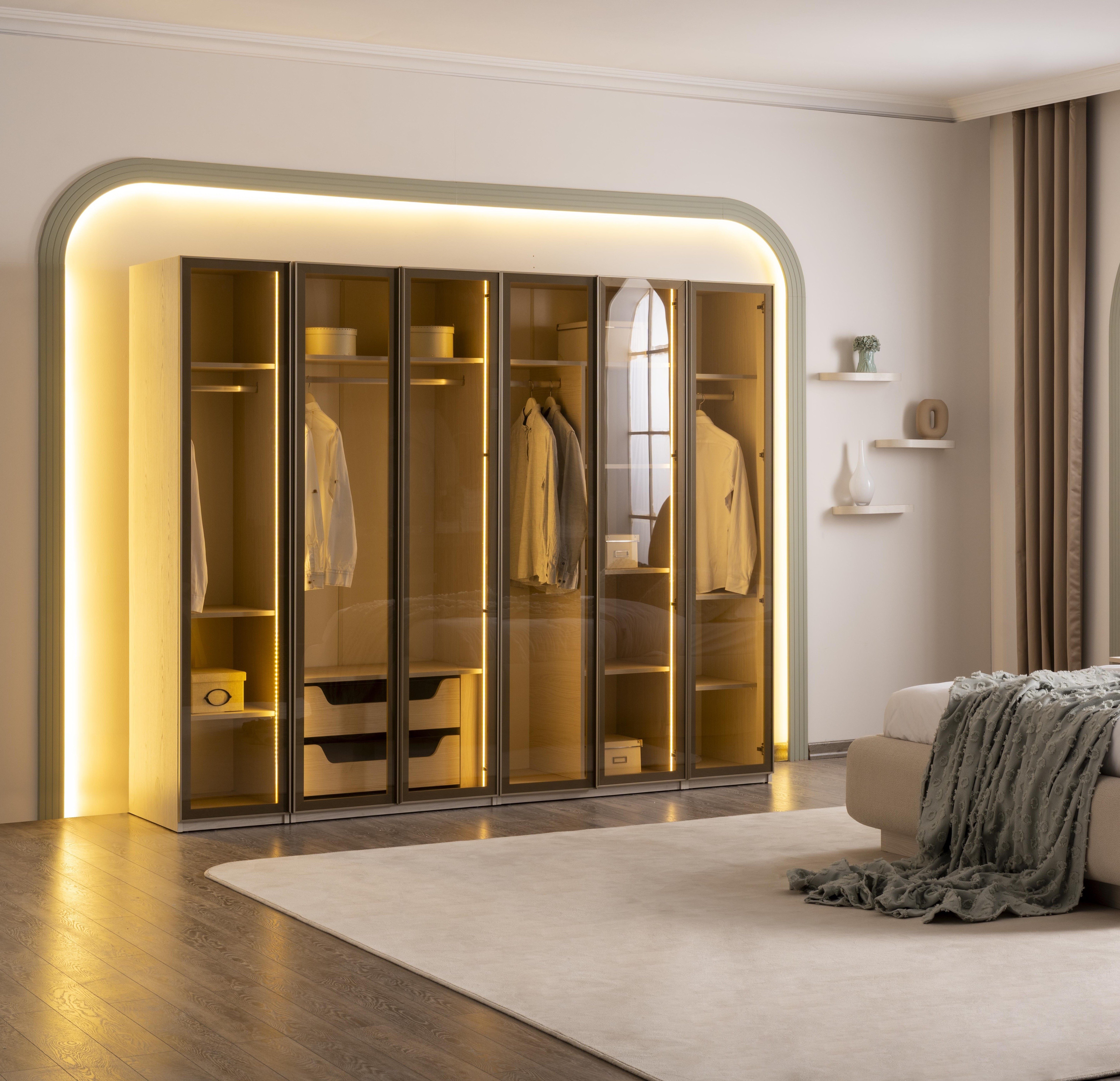 Xlmoebel Kleiderschrank Kleiderschrank Harmonie in Beige mit Glastüren und Einlegeböden Made in Europa