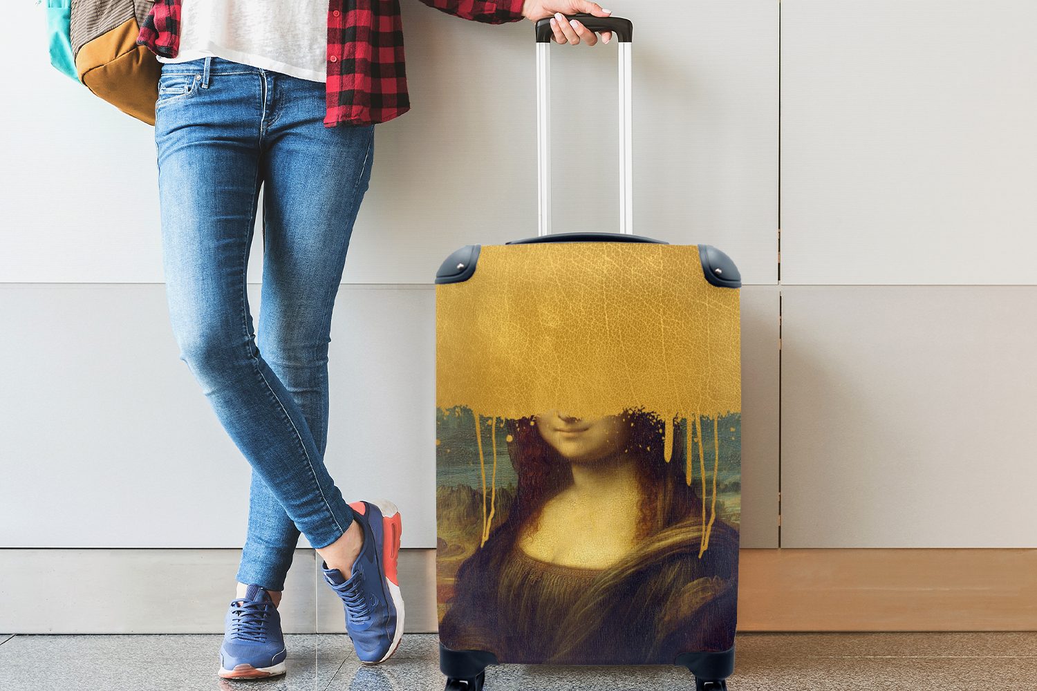 MuchoWow Handgepäckkoffer Mona Lisa - 4 Vinci Trolley, für Handgepäck - Ferien, mit Rollen, rollen, Da Reisekoffer Reisetasche Gold