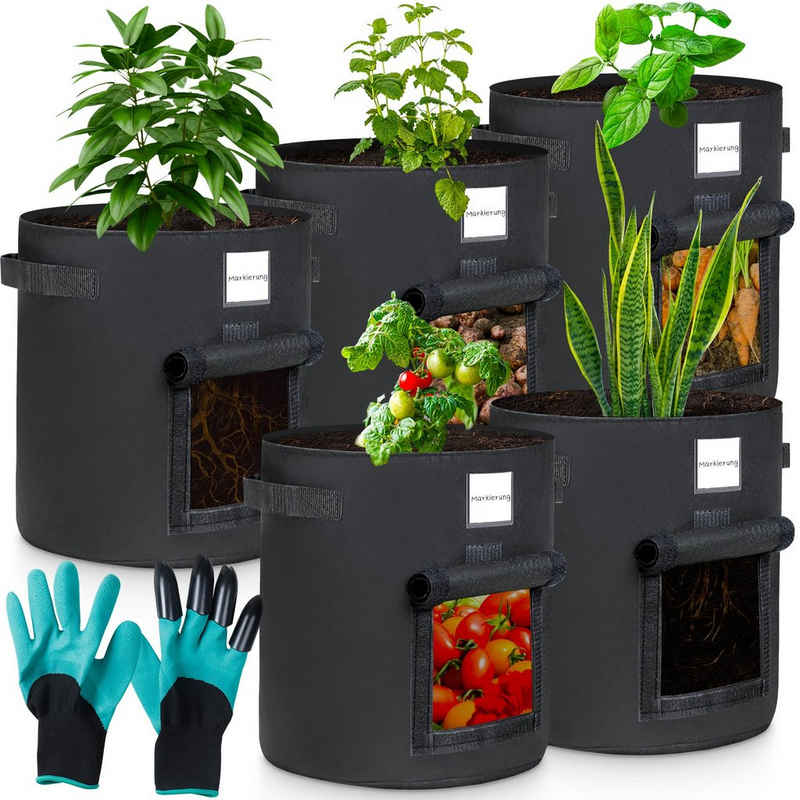 Yorbay Pflanzkübel 5x Pflanzsack aus Vliesstoff, 35L/60L auswählbar, Pflanzen Tasche (Mit 1 Paar Gartenhandschuhe), Pflanztopf Pflanzensack für Kartoffeln,Tomaten,Blumen,Pflanzen,Gemüse