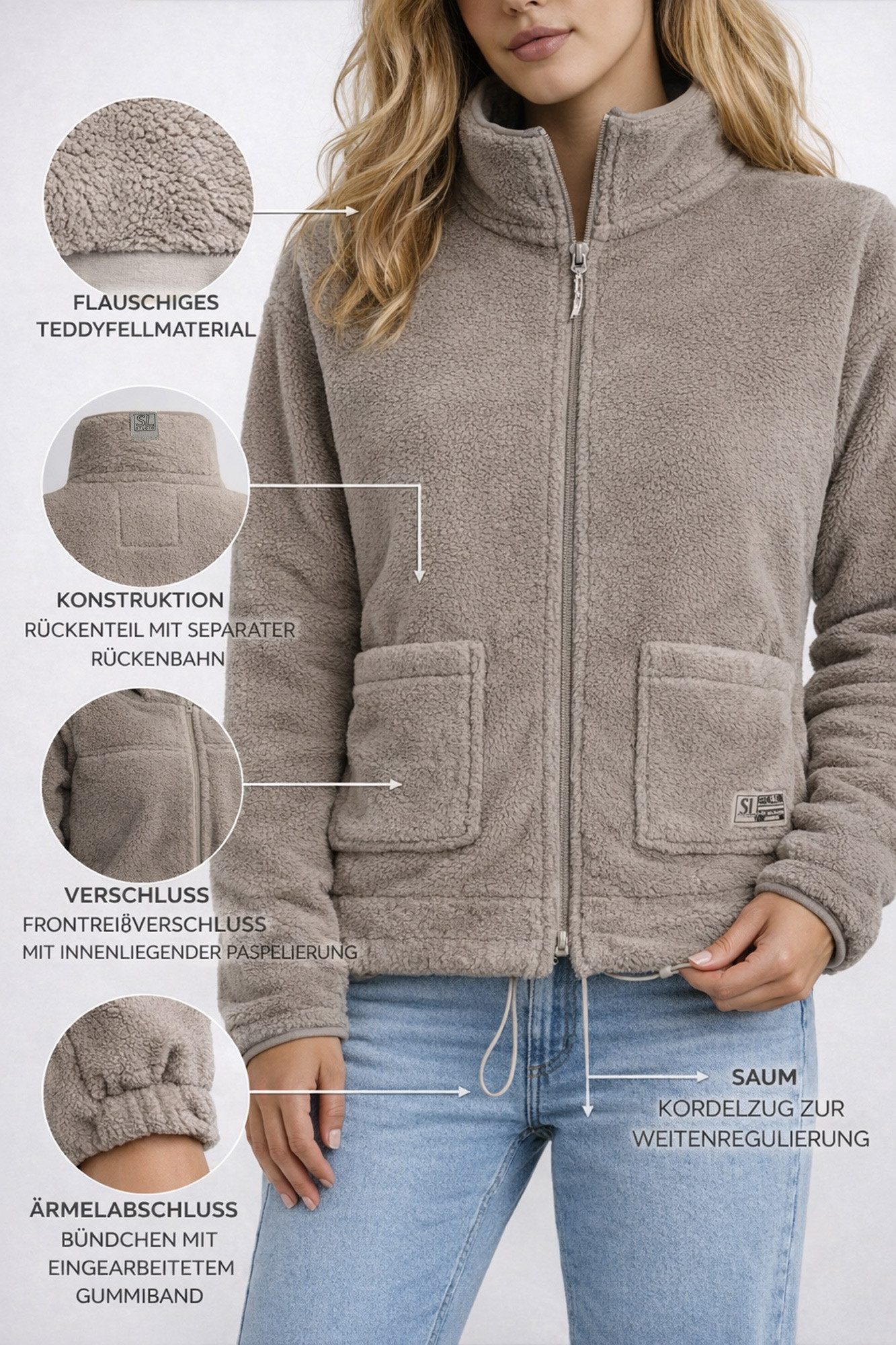 SUBLEVEL Fleecejacke Damen Teddyfleece Kuschelig Übergangsjacke Jacke Outdoor Stehkragen, Kapuze, flauschig, kuschelig, warm, Outdoor – Bild 5 von 5