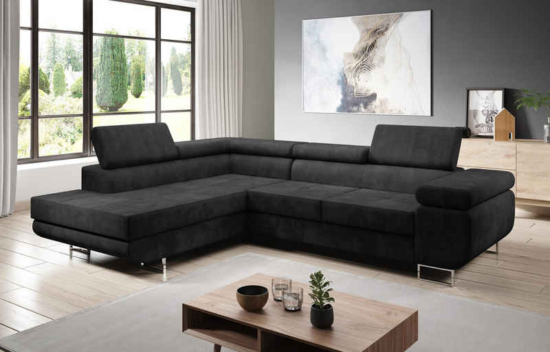 Furnix Ecksofa ZANTE Sofa mit Schlaffunktion Bettkasten und verstellbaren Kopfstützen, hochwertige Polsterstoffe, Stellfüße in Chromoptik