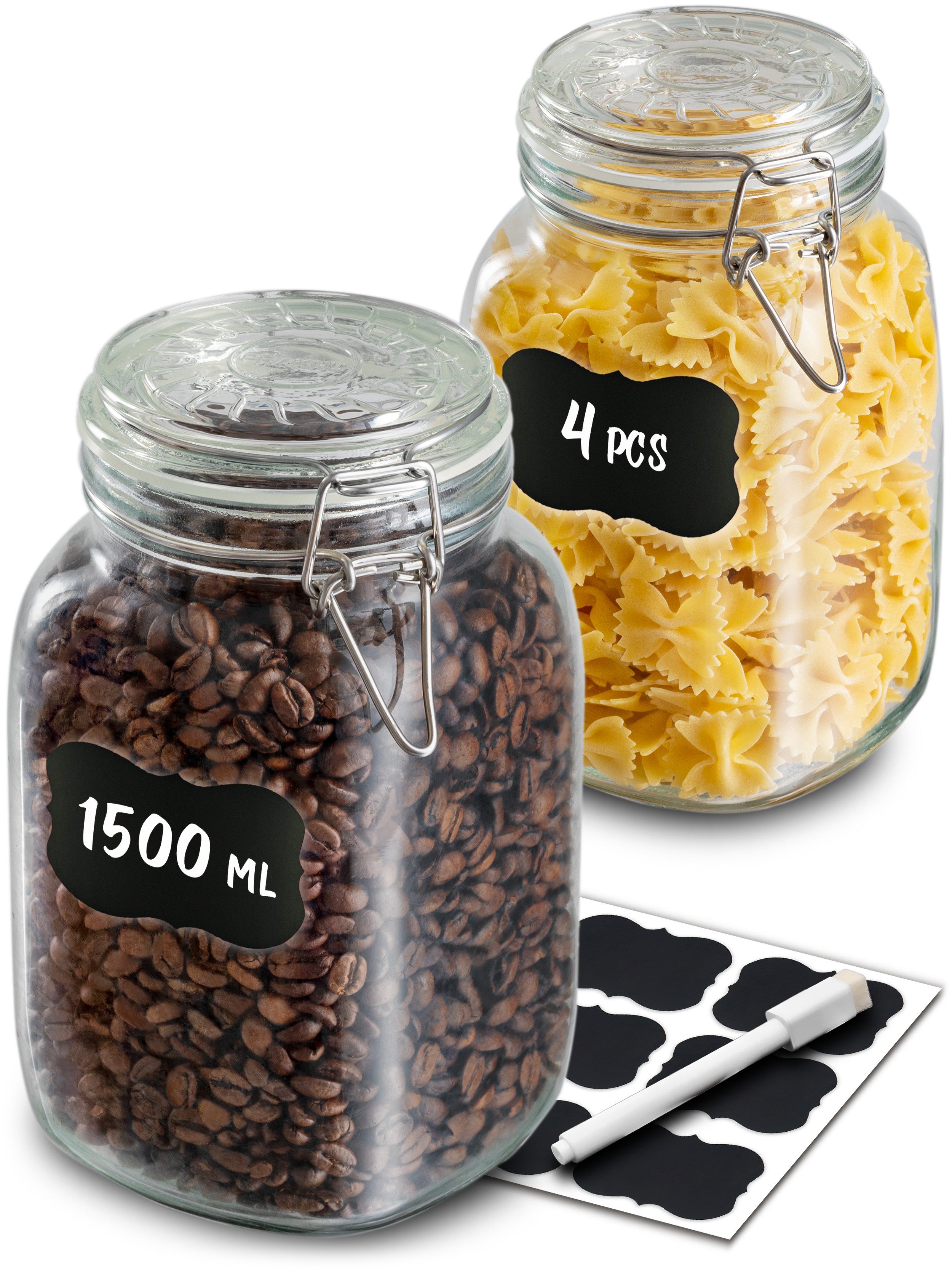 Praknu Vorratsglas 4 Einmachgläser mit Bügelverschluss 1,5l - Mit Etiketten, Stift und, Glas, (Set, 4-tlg), Luftdichte Deckel mit Dichtung, Vorratsbehälter für Lebensmittel