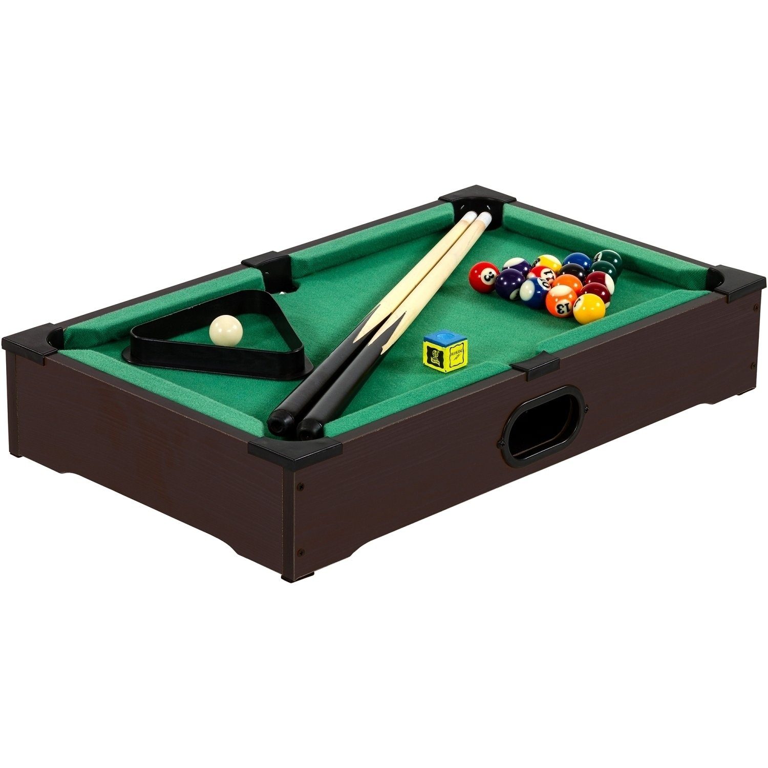 GAMES PLANET Billardtisch Mini Pool Billardtisch Nano inkl. Zubehör, (2 Queues, Kugeln, Dreieck, Kreide), 3 Dekore, Maße: 51x31x10cm dunkles Holzdekor