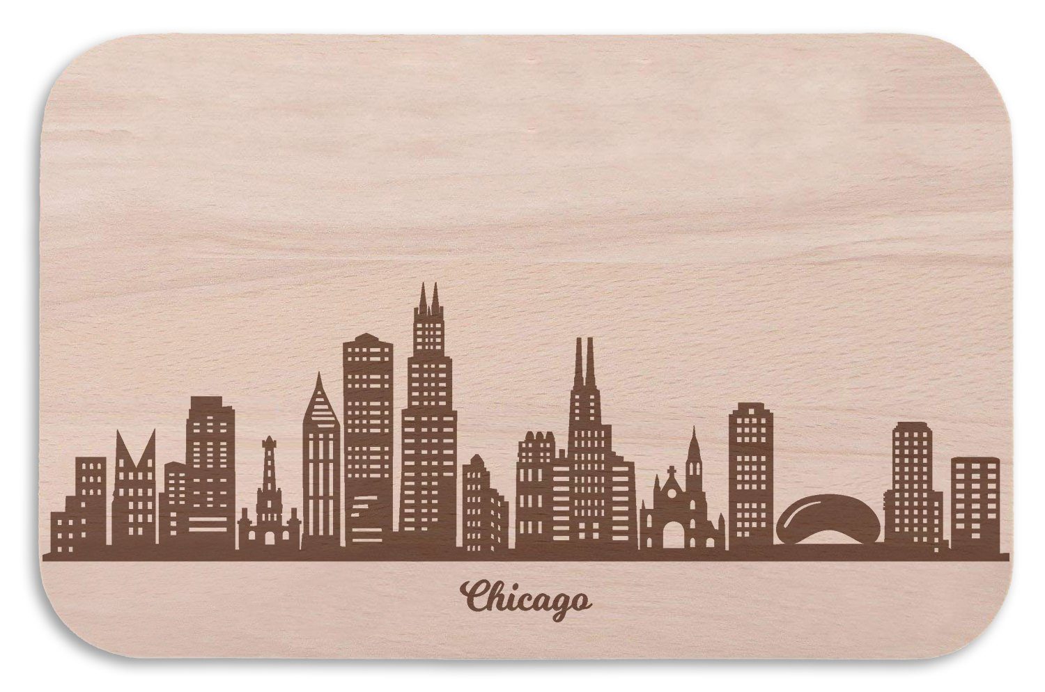 als GRAVURZEILE mit (Kein & Souvenir, Set) Brotzeitbrett Skyline - auch Frühstücksbrettchen ideal für - Geschenk Fans Chicago Holz, & Chicago Stadtverliebte Schneidebrett Gravur