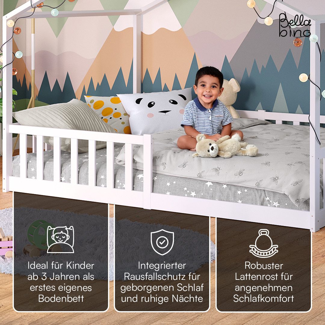 Bellabino Hausbett Kinderbett Bia mit Lattenrost (weiß, optional mit Matratze), Bodenbett mit Rausfallschutz, verfügbar in 80x160 & 90/120/140x200 cm