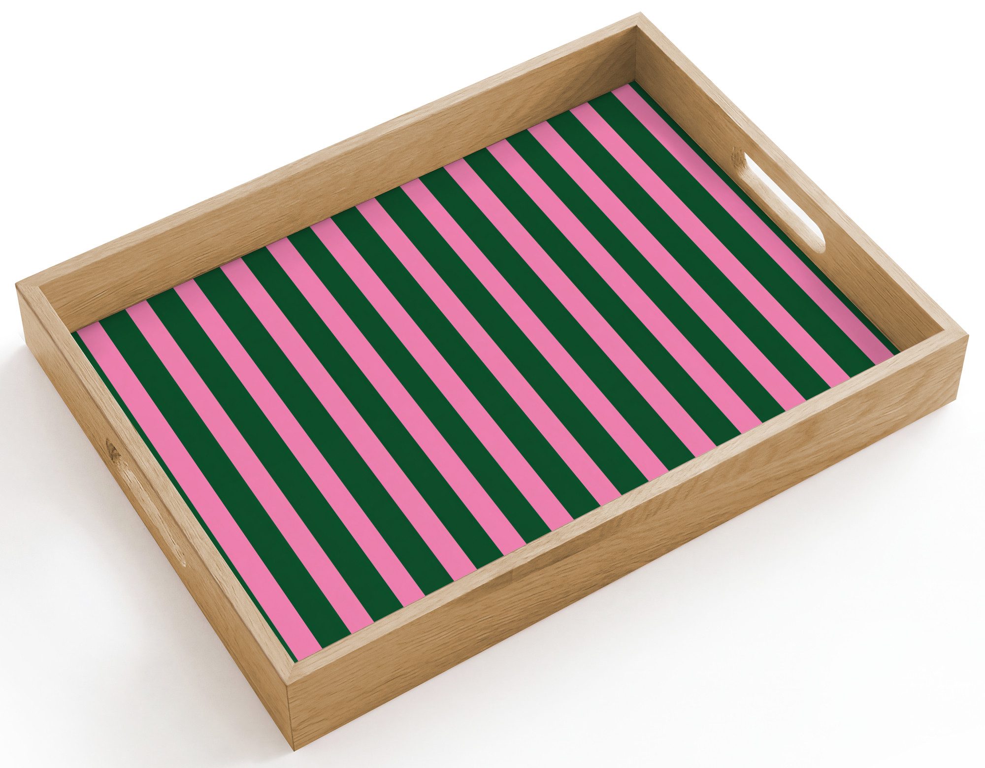 OnlyWow Tablett Rechteckig mit Henkel Vertikale Streifen - Grün - Rosa, Eichenholz, (1-tlg), Siervierplatte, Tray, Frühstücksbrett