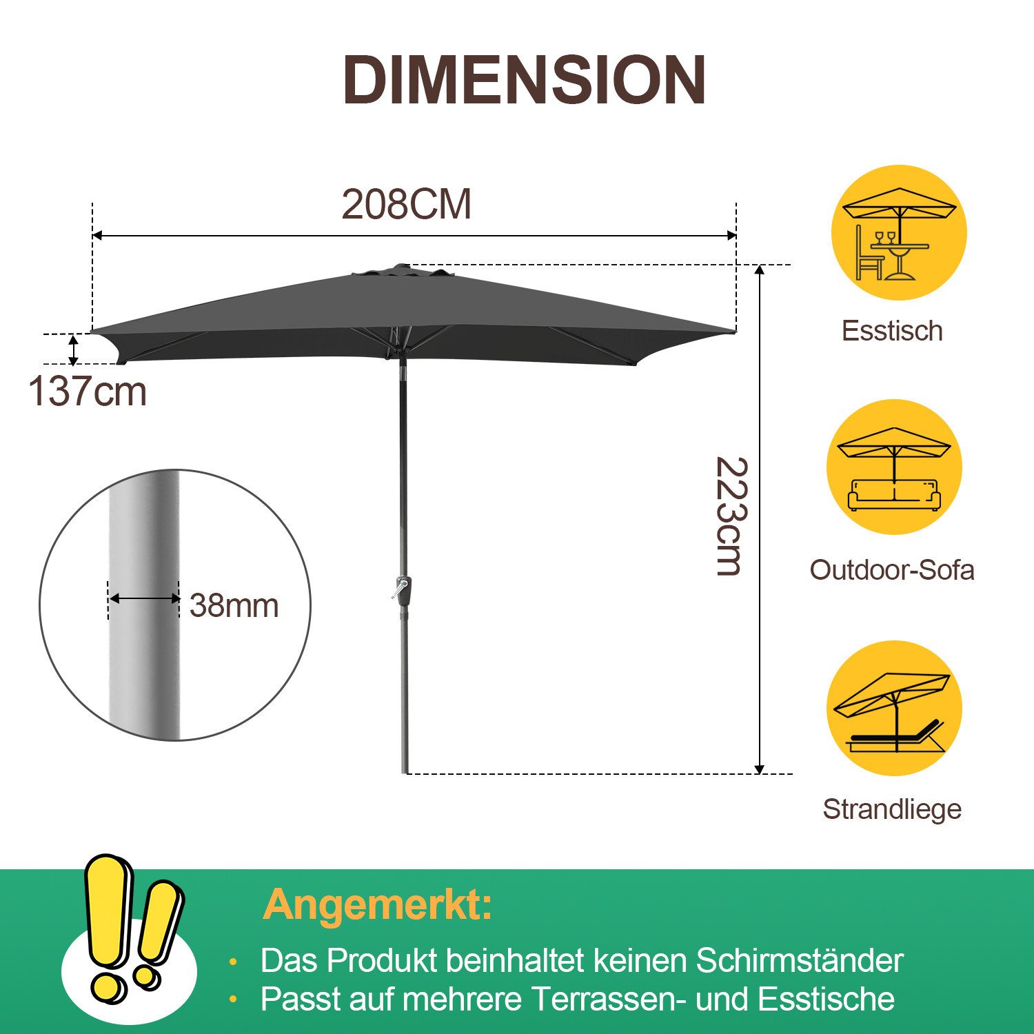 Clanmacy Sonnenschirm Rechteckig Balkonschirm 210x140 cm günstig online kaufen