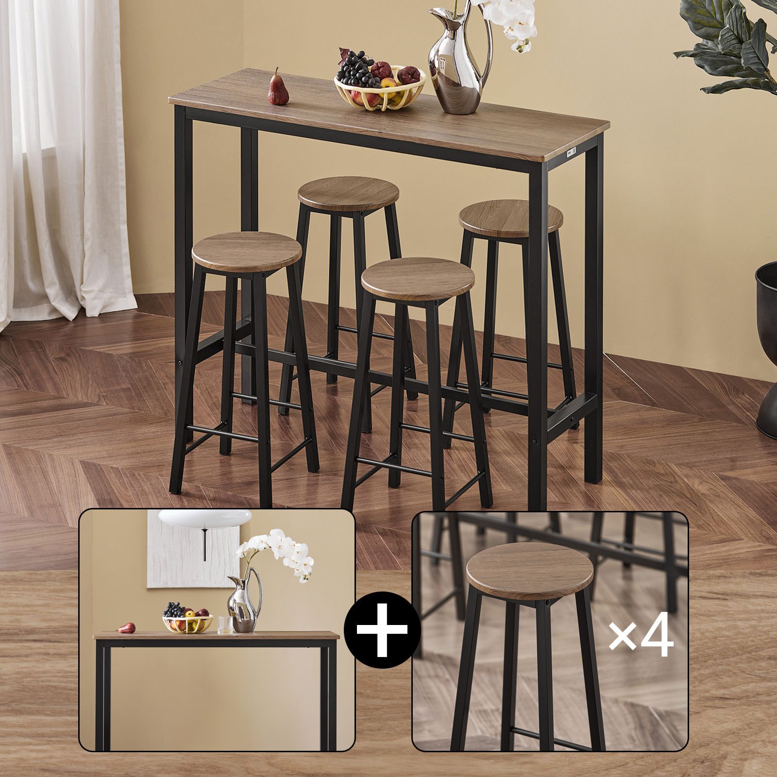SoBuy Bartisch OGT22, Küchentisch Set, Esstisch mit 4 Stühlen platzsparend, Esszimmer, 5-teilig Bartisch mit Stühlen Esstisch im Industrie-Design Balkon