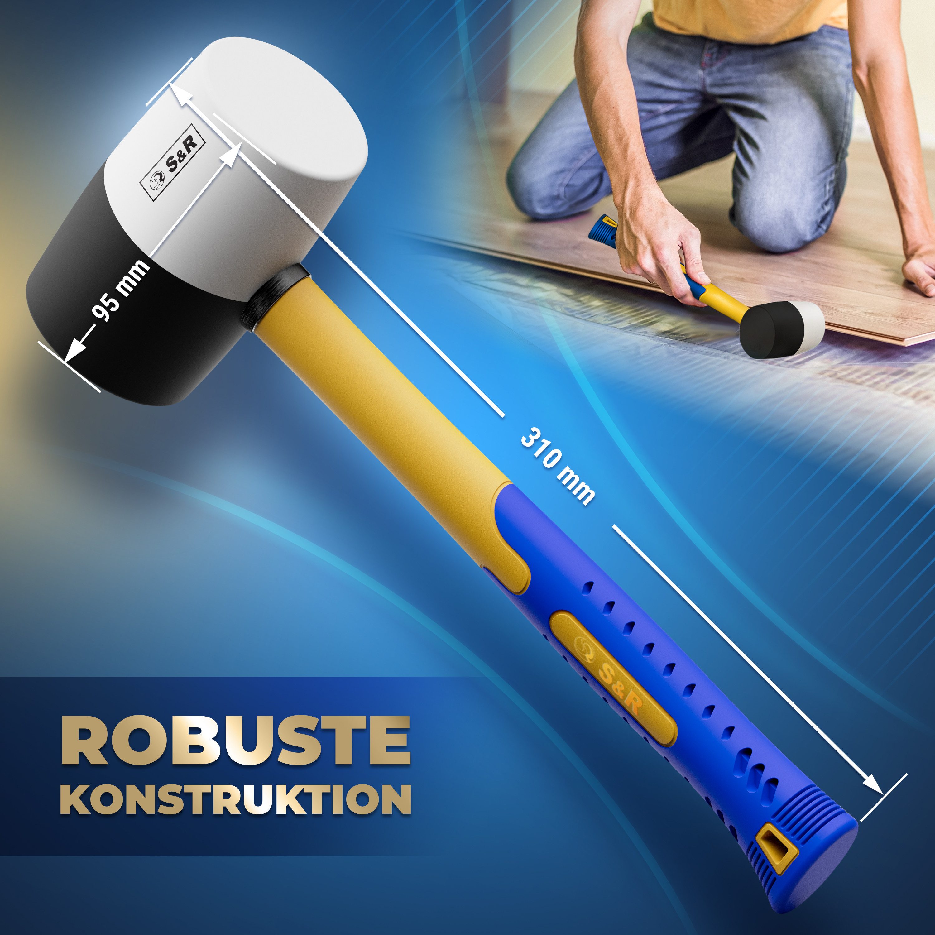 S&R Gummihammer Gummihammer Pflasterhammer Schwarz/Weiß 340g Profi Naturkautschuk (1-St), für Außenarbeiten zB. Pflastersteine, Fliesen, Camping – Bild 4 von 5