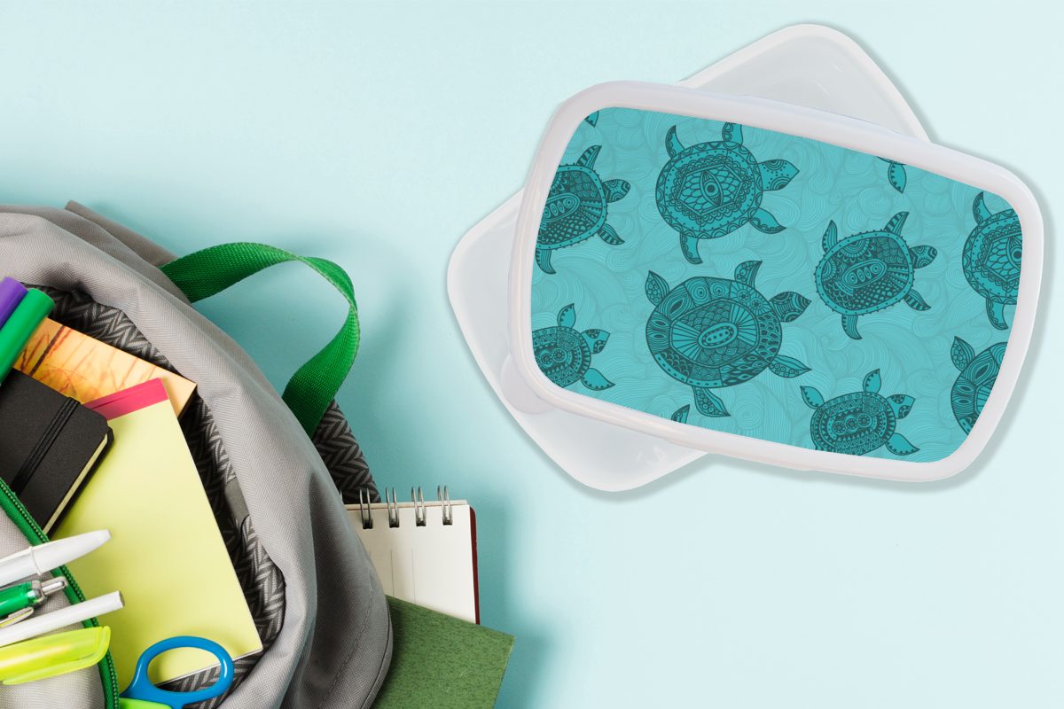 Muster Lunchbox Kunststoff, Brotdose, Schildkröte weiß für Kinder Mädchen Erwachsene, für und Indonesien, und (2-tlg), - MuchoWow - Brotbox Jungs