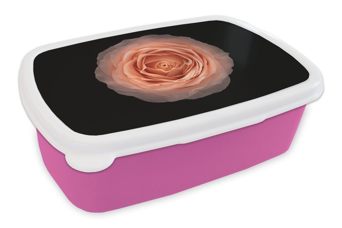 MuchoWow Lunchbox Runde Form Rosa Blume auf schwarzem Hintergrund, Ansicht von oben, Kunststoff, (2-tlg), Brotbox für Erwachsene, Brotdose Kinder, Snackbox, Mädchen, Kunststoff