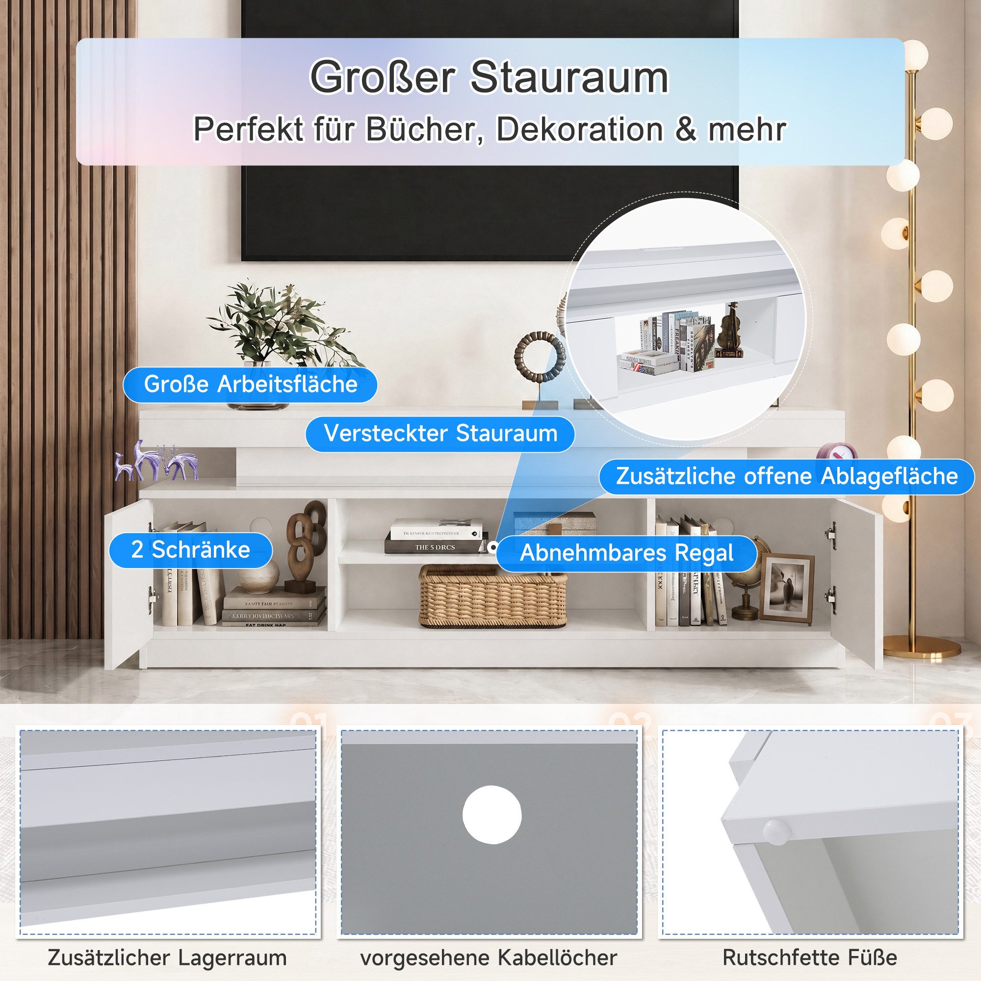 Sunsitt TV-Schrank 160 cm TV-Schrank (Weiß TV-Board mit 2 Fach, TV-Regal für Fernseher bis zu 65 Zoll) TV Kommode für Wohnzimmer, Esszimmer, Schlafzimmer, Weiß