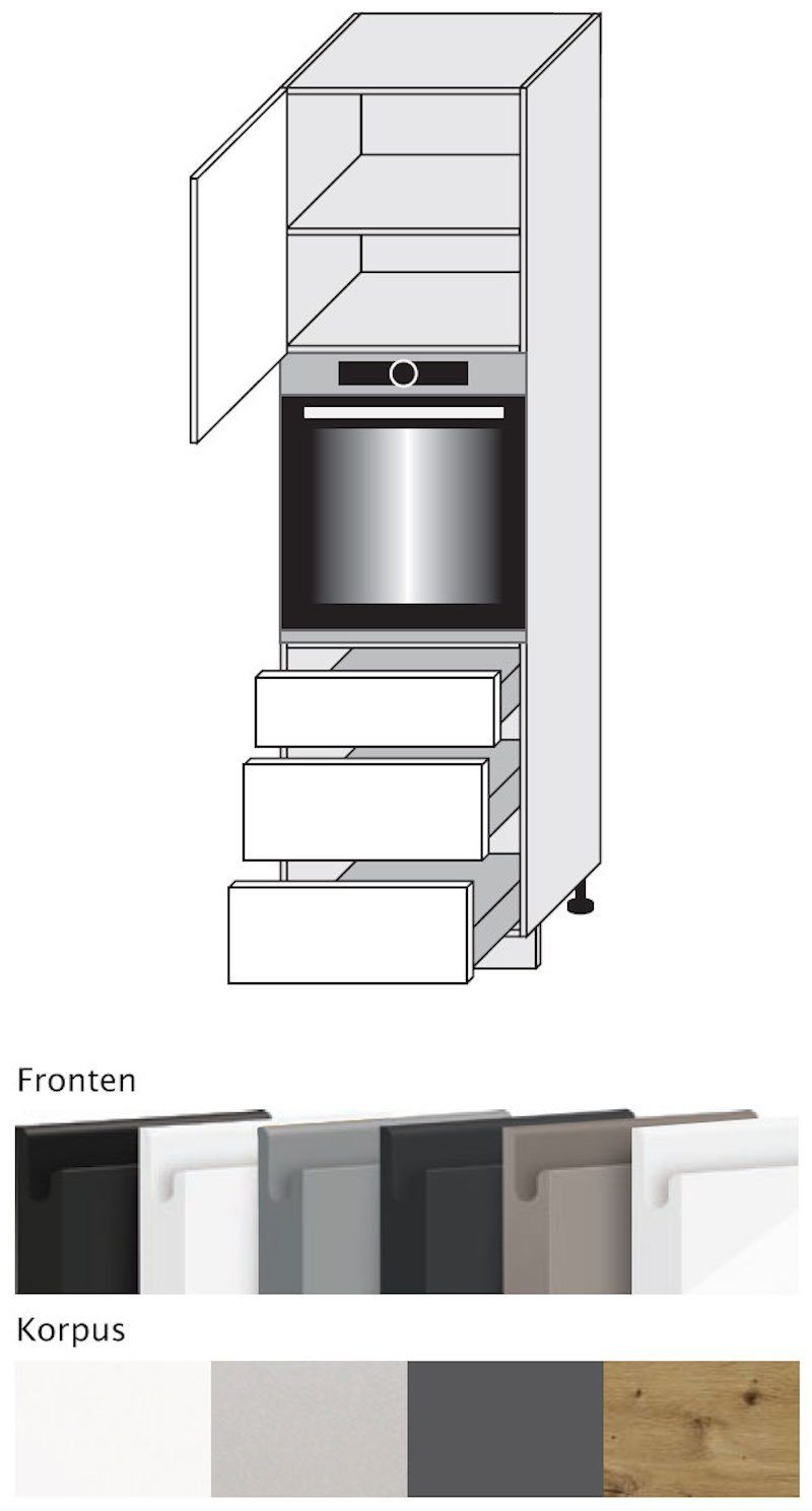 Front- weiß 3 Feldmann-Wohnen 60cm matt Avellino Acryl grifflos wählbar Backofenumbauschrank & (Teilauszug) Korpusfarbe Schubladen