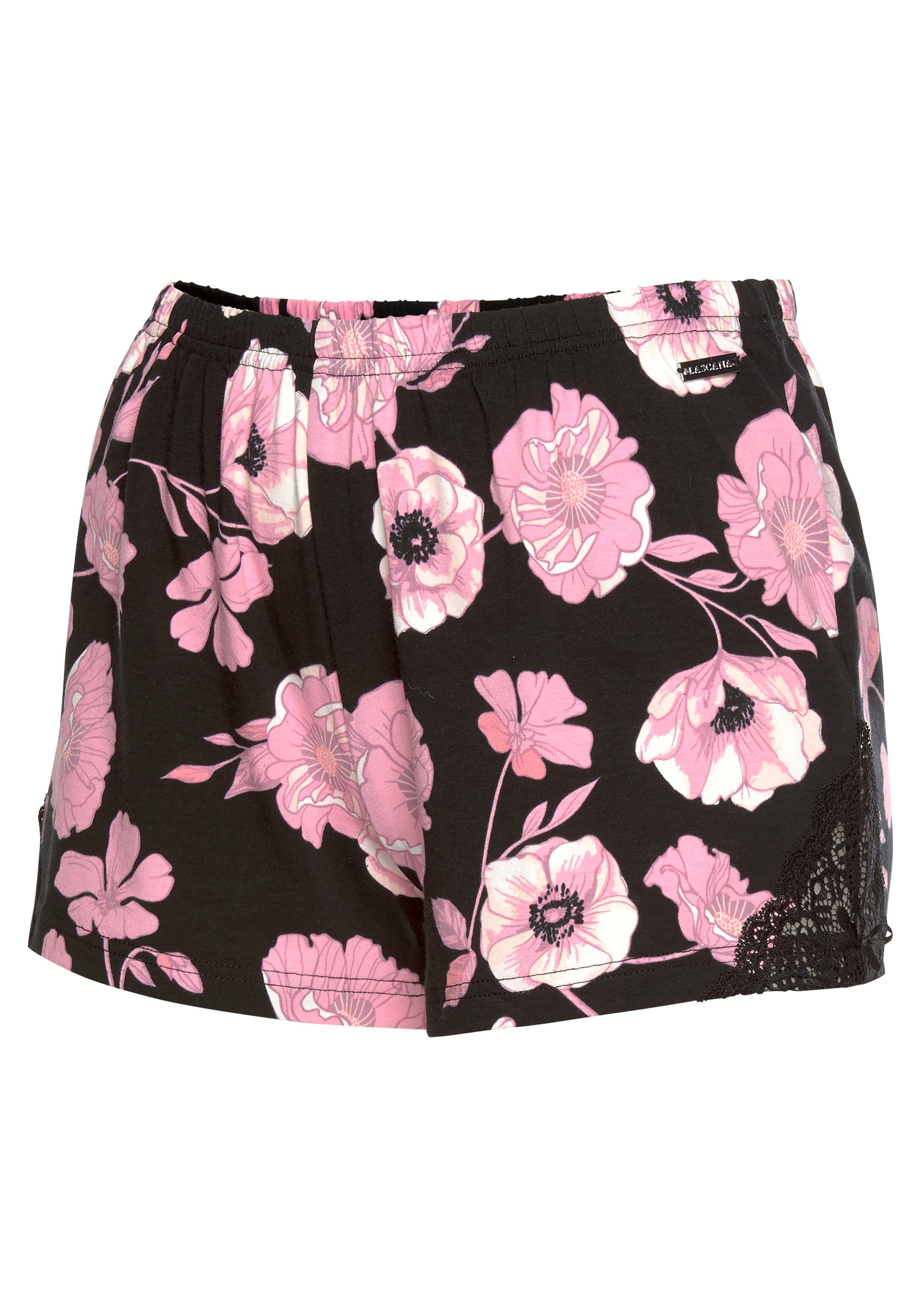 LASCANA Shorts mit Spitzeneinsätzen rosa-schwarz-geblümt-gemustert