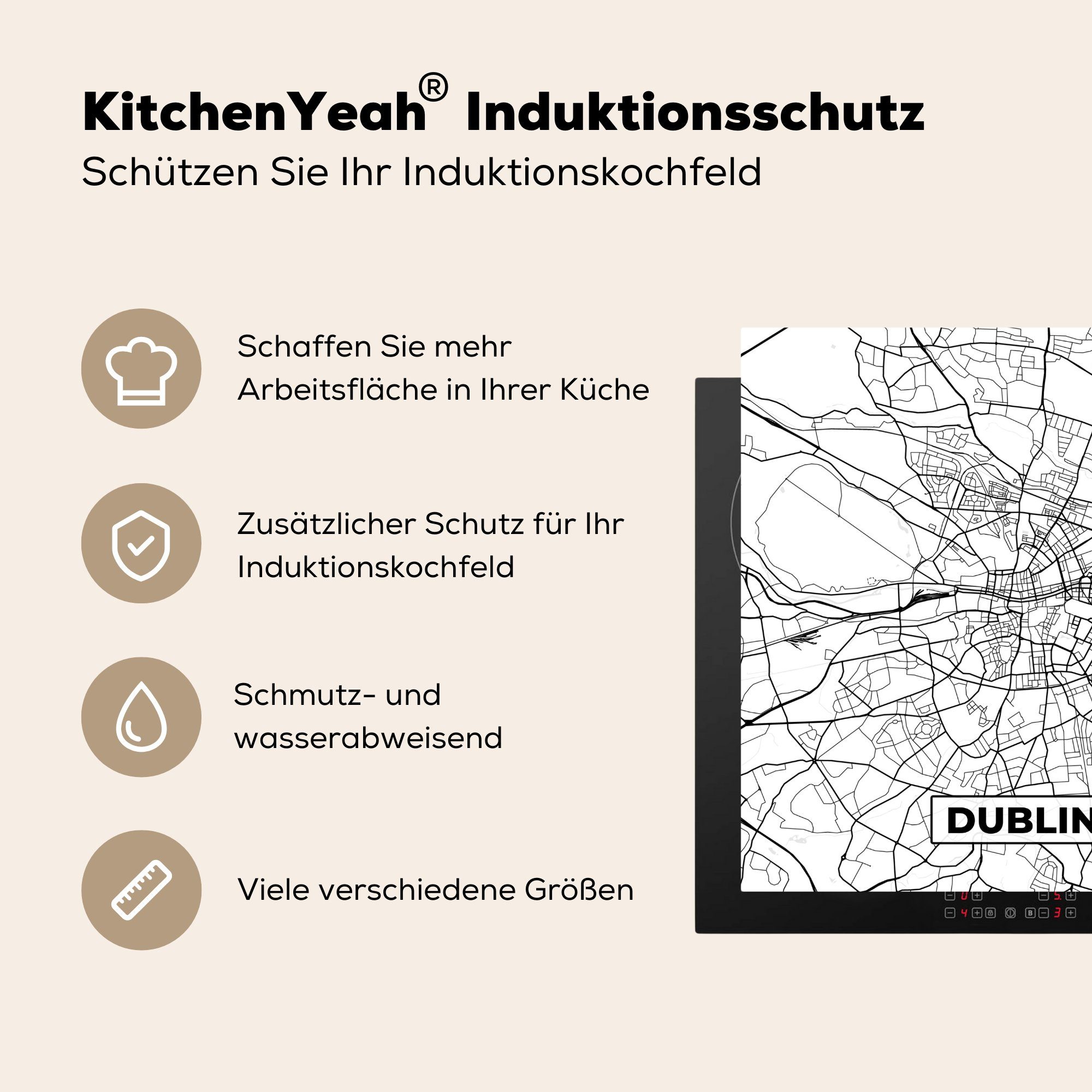 und Stadtplan für Dublin (1 Arbeitsplatte küche Vinyl, - MuchoWow - weiß Karte, Schwarz cm, Ceranfeldabdeckung, Herdblende-/Abdeckplatte tlg), - Karte 78x78 -