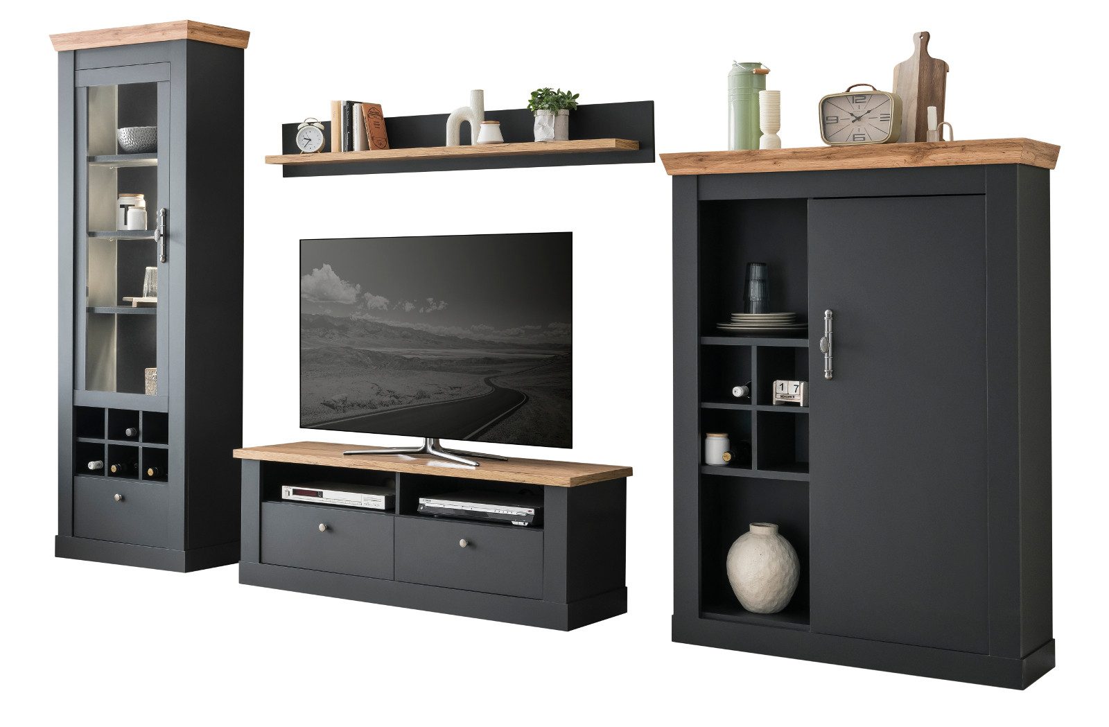 Furn.Design Wohnwand Ribera, (4-teilig in matt grau und Wotan Eiche, Landhausstil modern), inklusive Flaschenregal, mit Soft-Close-Funktion