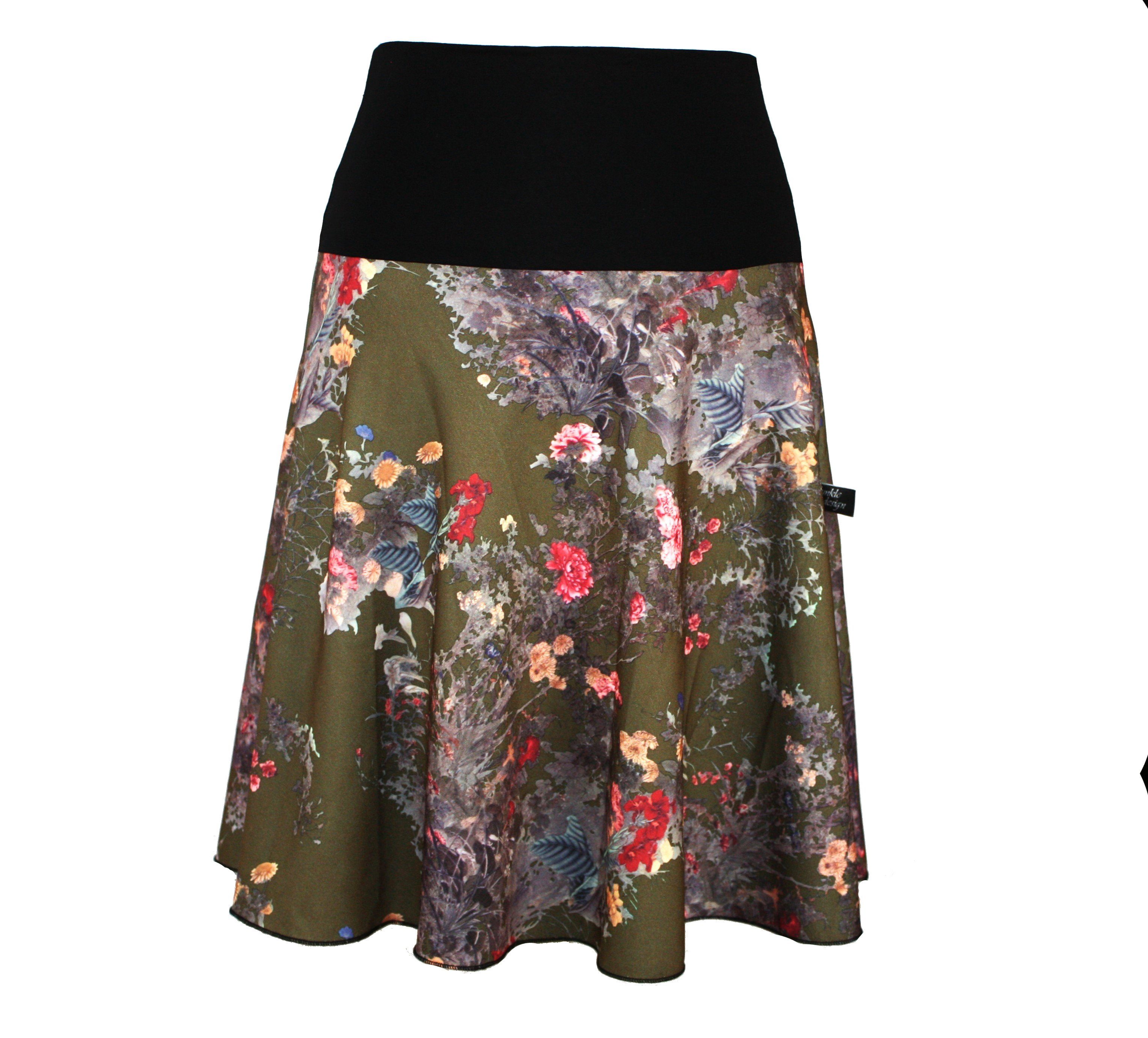 dunkle design A-Linien-Rock 57cm Schwarz oder Oliv Bunt Floral elastischer Bund