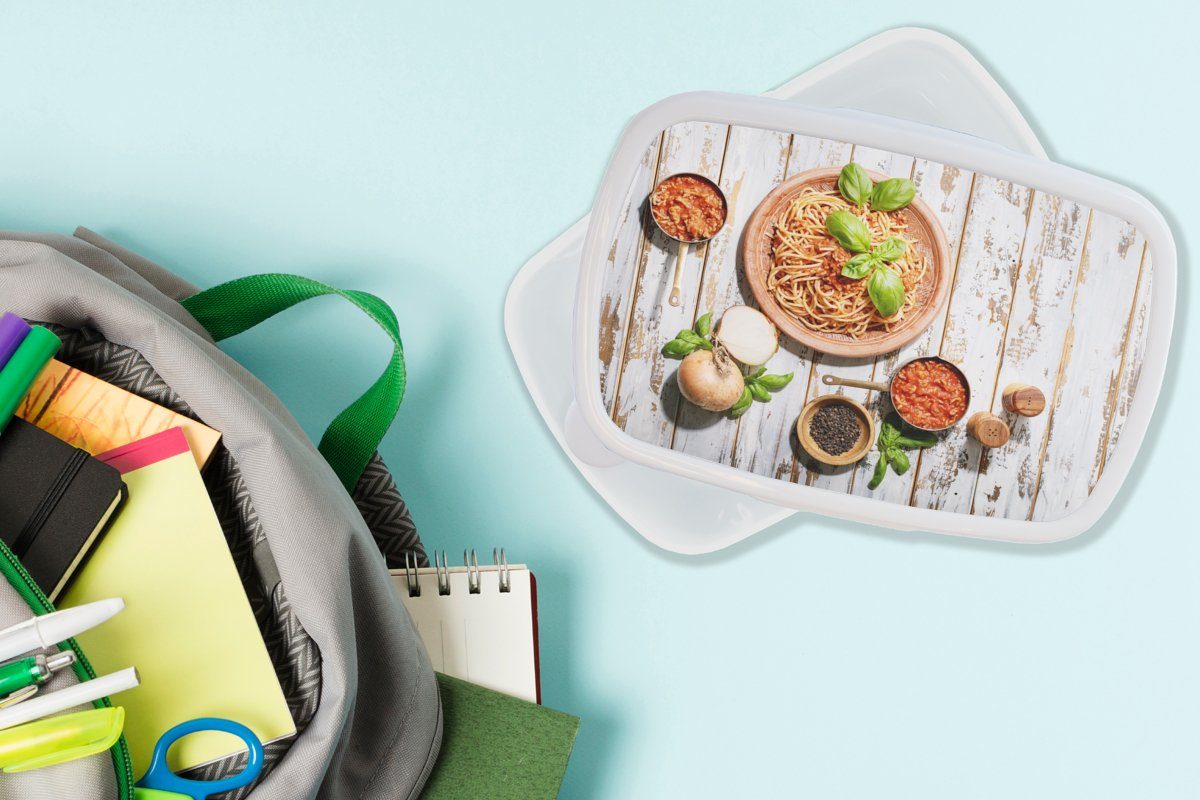 MuchoWow Lunchbox Nudeln - Basilikum Gemüse, Jungs Kunststoff, Brotbox und für Kinder Brotdose, Mädchen weiß (2-tlg), Erwachsene, und - für