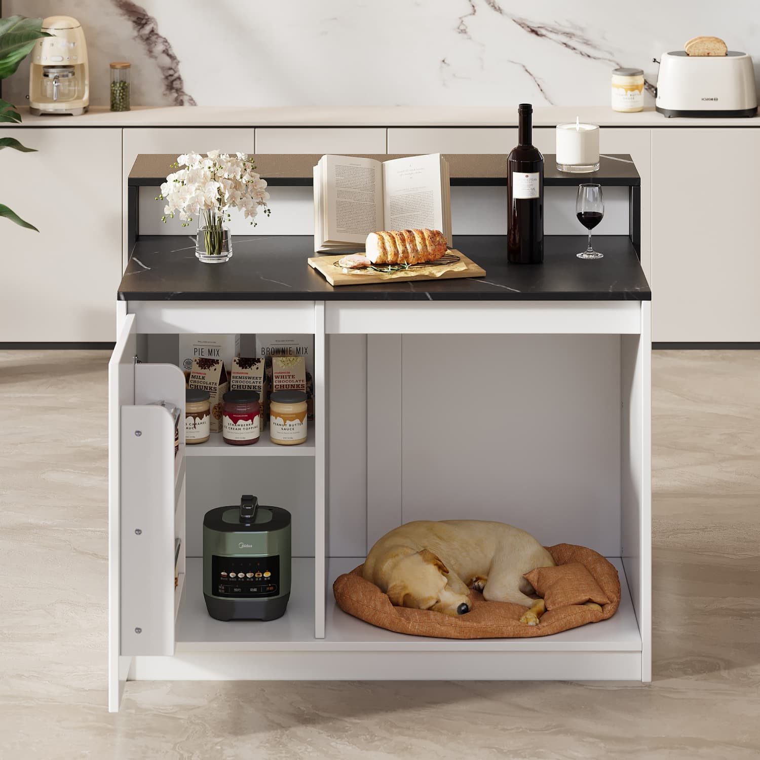 ANYSUN Kücheninsel mit Bartisch,Küchentisch,Offen Haustierruhebereich,Türablagen,Stauraum, für Küche,Esszimmer,Weiß + schwarze Marmoroptik,120×80×100cm