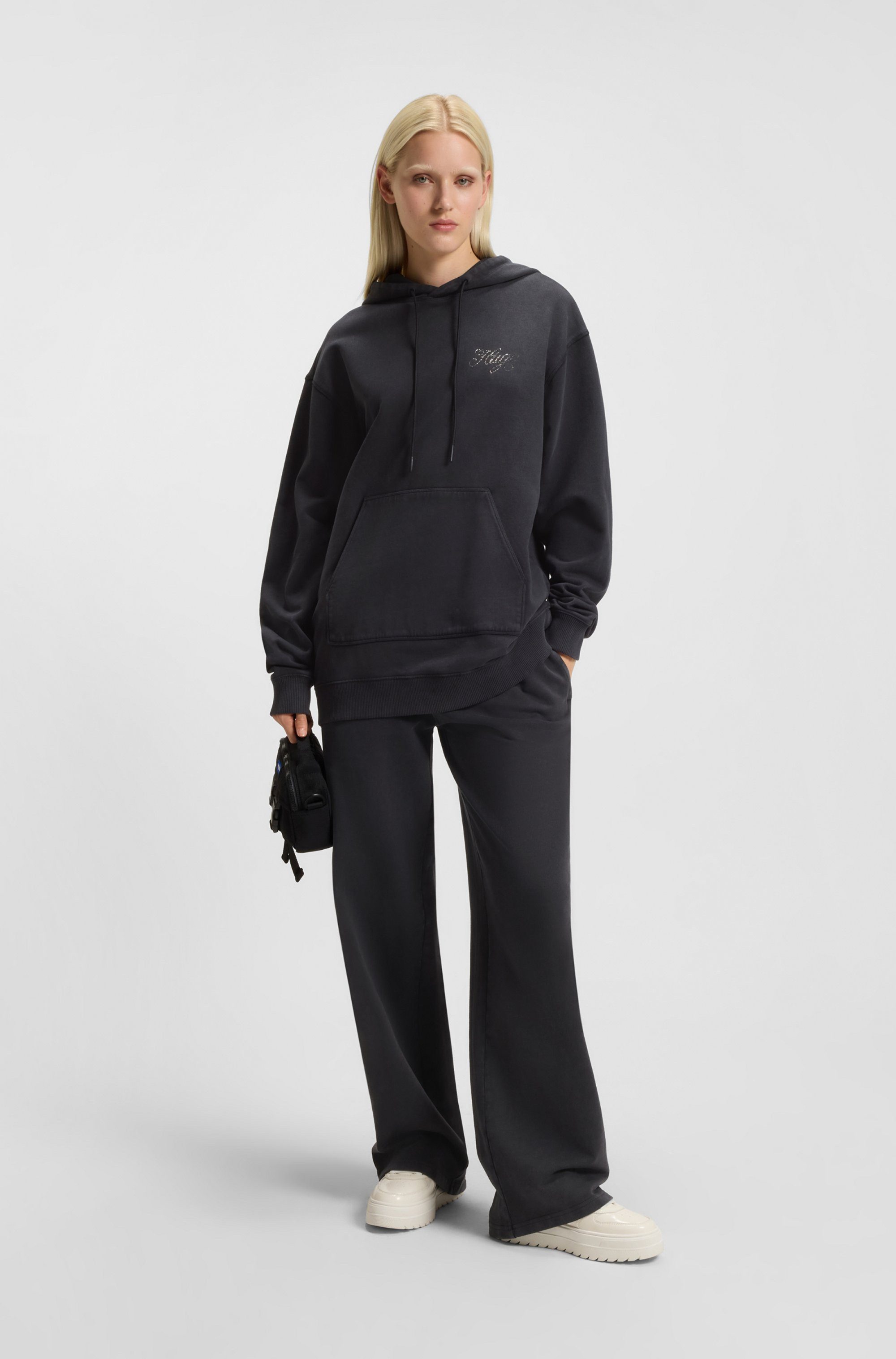 HUGO Blue Hoodie Dejandra Oversized Fit, Strassapplikation auf dem Rücken