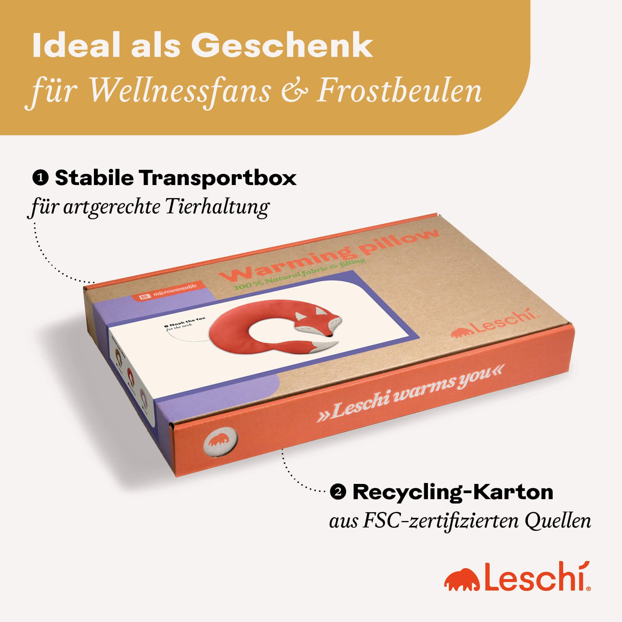 Leschi Wärmekissen mit Bio-Weizen für Nacken & Schultern, Mikrowelle, Körnerkissen Fuchs