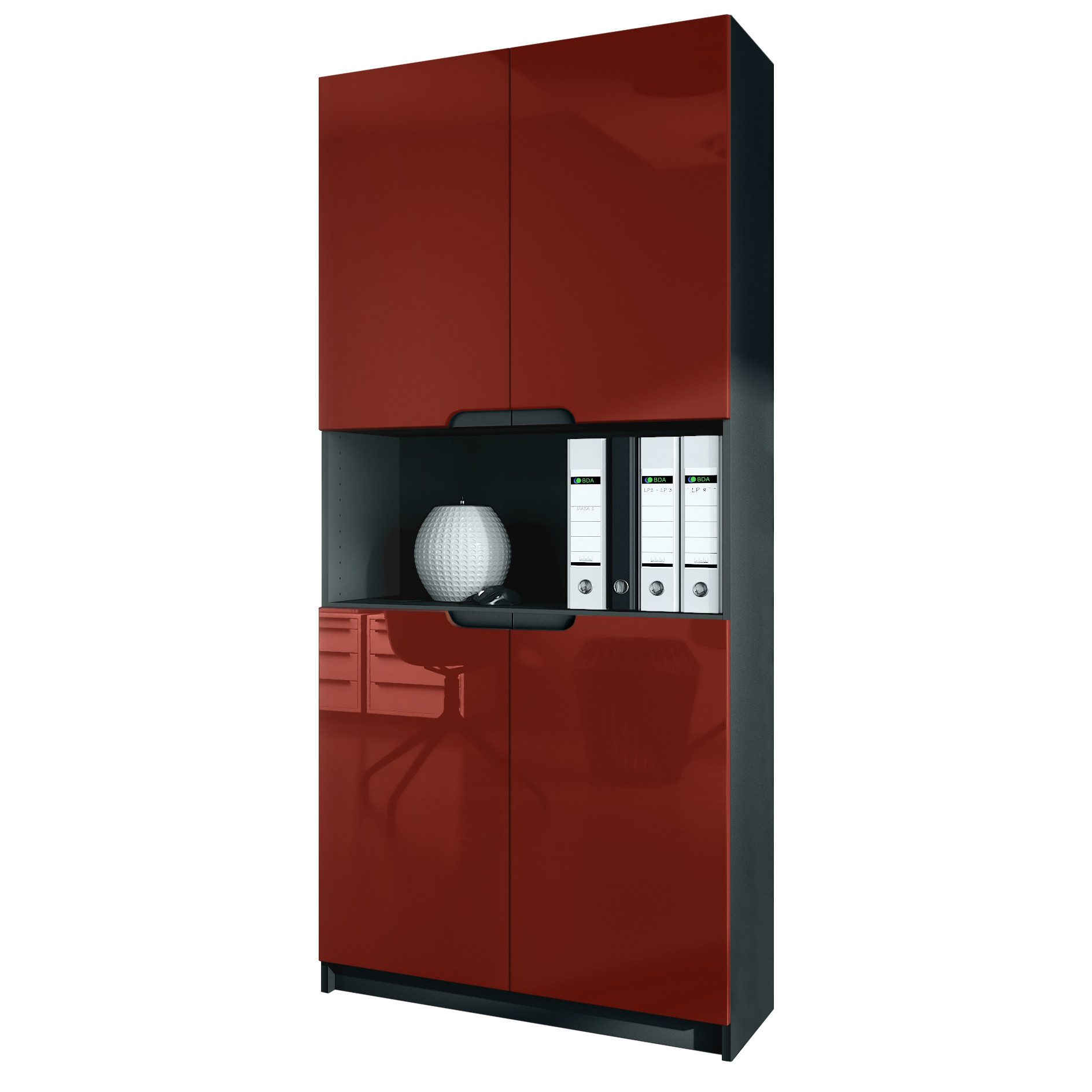 Vladon Aktenschrank Logan (Aktenschrank, mit 5 Fächern und 4 Türen) Schwarz matt/Bordeaux Hochglanz (82 x 184 x 37 cm)