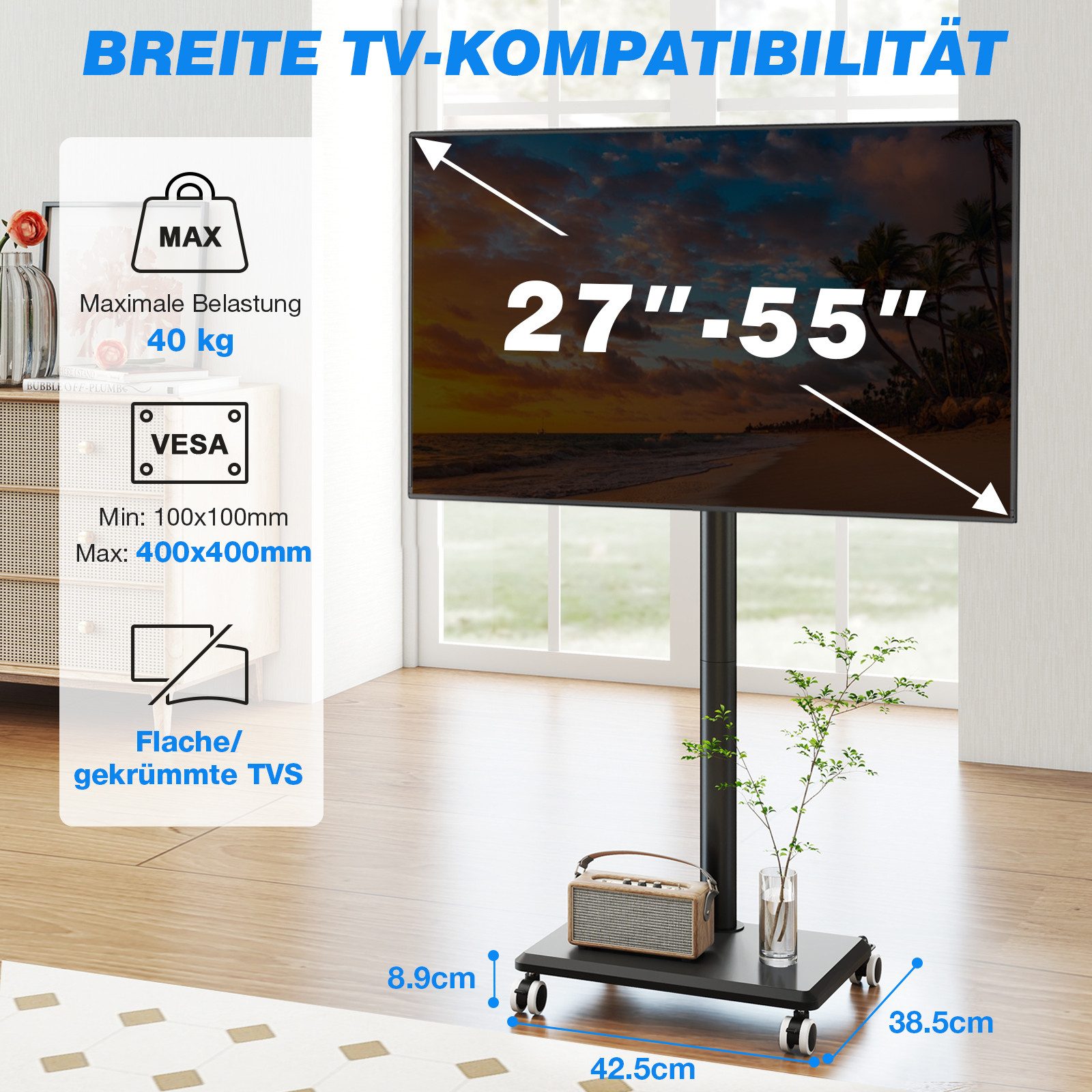 5Rcom TV-Ständer mit Rollen und Holzablage Geeignet für Fernseher von 27 bis 55 Zoll, (bis 55 Zoll, 1-tlg., Mobiler TV-Ständer trägt bis zu 40 kg Maximale)