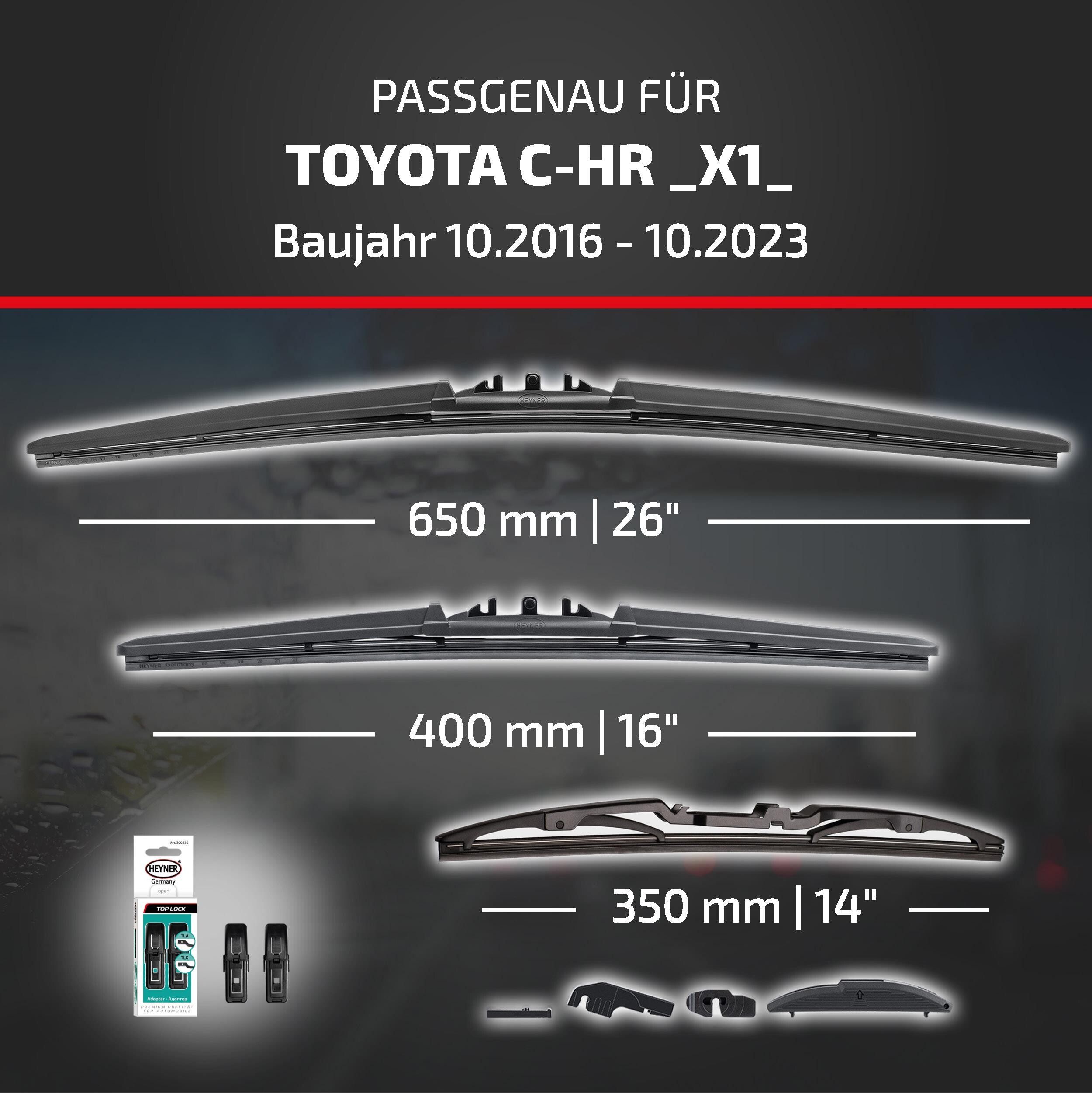 HEYNER Scheibenwischblätter passend für TOYOTA C-HR, 10.2016 - 10.2023, Front- und Heckscheibe, (Packung, 3-St., Scheibenwischer mit Heckwischer), mit Nano Graphit Beschichtung