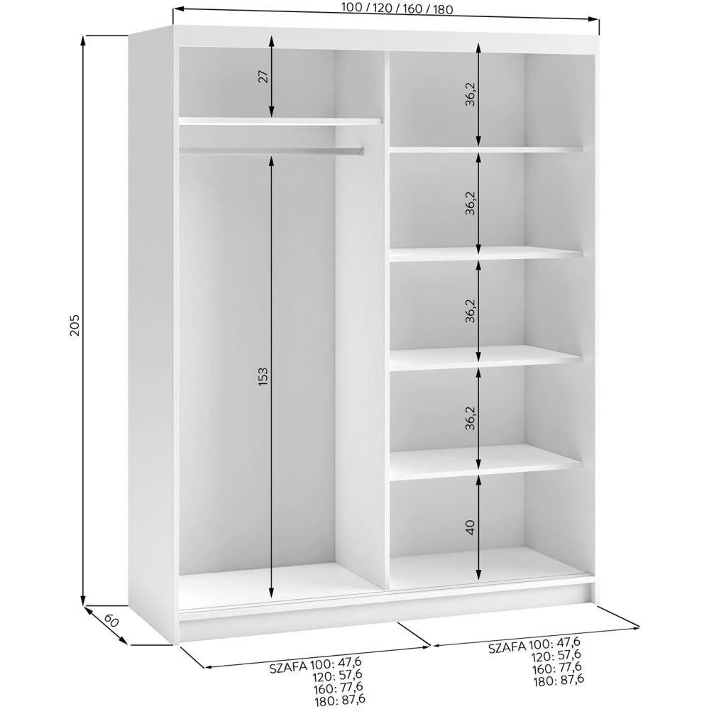 Beautysofa Kleiderschrank HELA (Schrank mit Spiegel, Breite: 100 cm, 120 cm oder 180 cm) Weiß, Schwarz oder Schwarz + Artisan