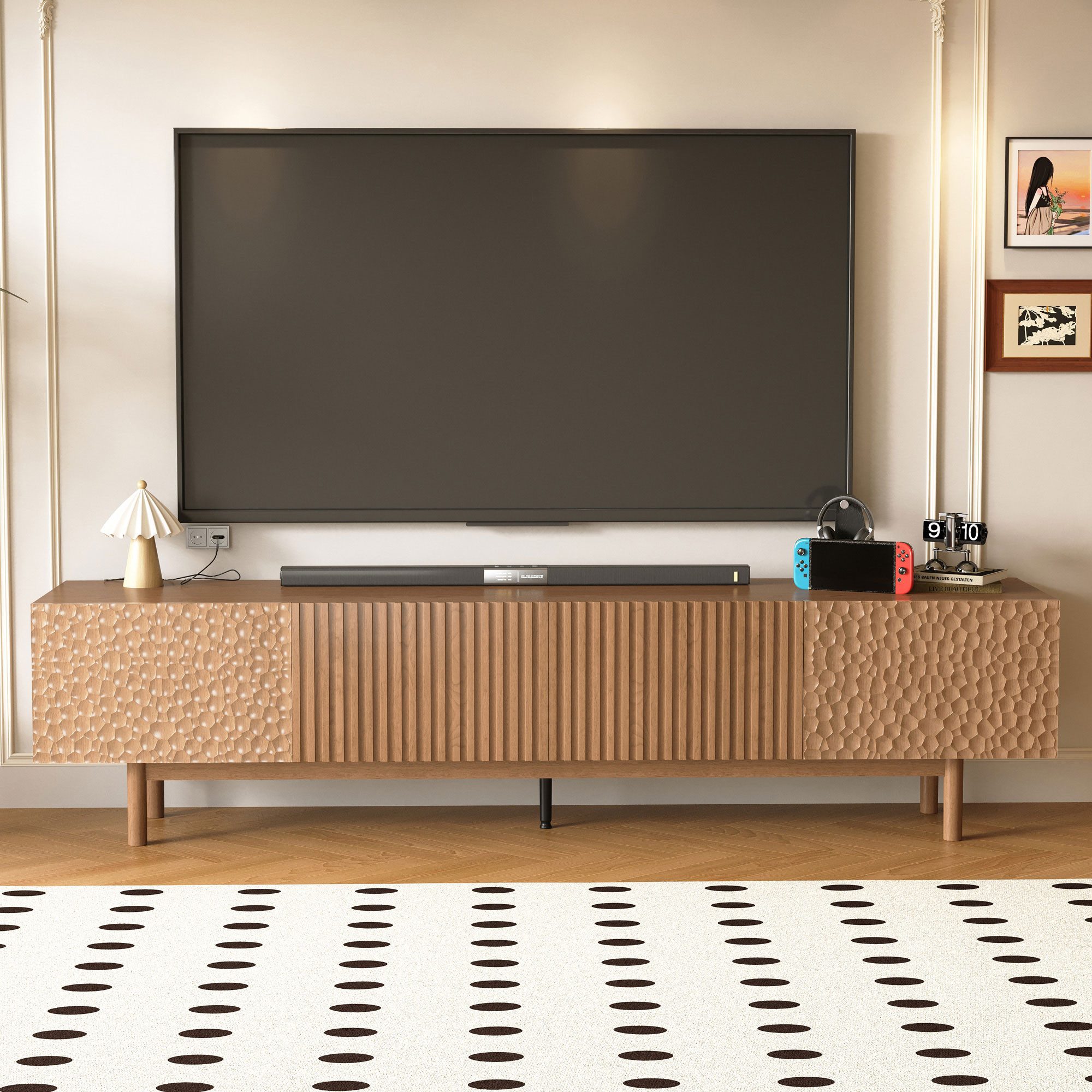 oleyluckidea TV-Schrank Mid-Century TV-Lowboard ausziehbar, Walnuss, für 80"+ TV Breite 198 cm bis 262 cm