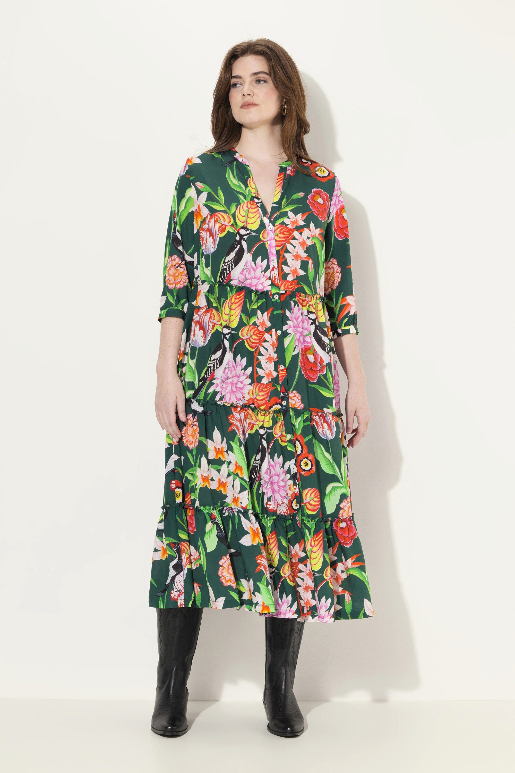 Ulla Popken Maxikleid Maxikleid Stehkragen V-Ausschnitt günstig online kaufen