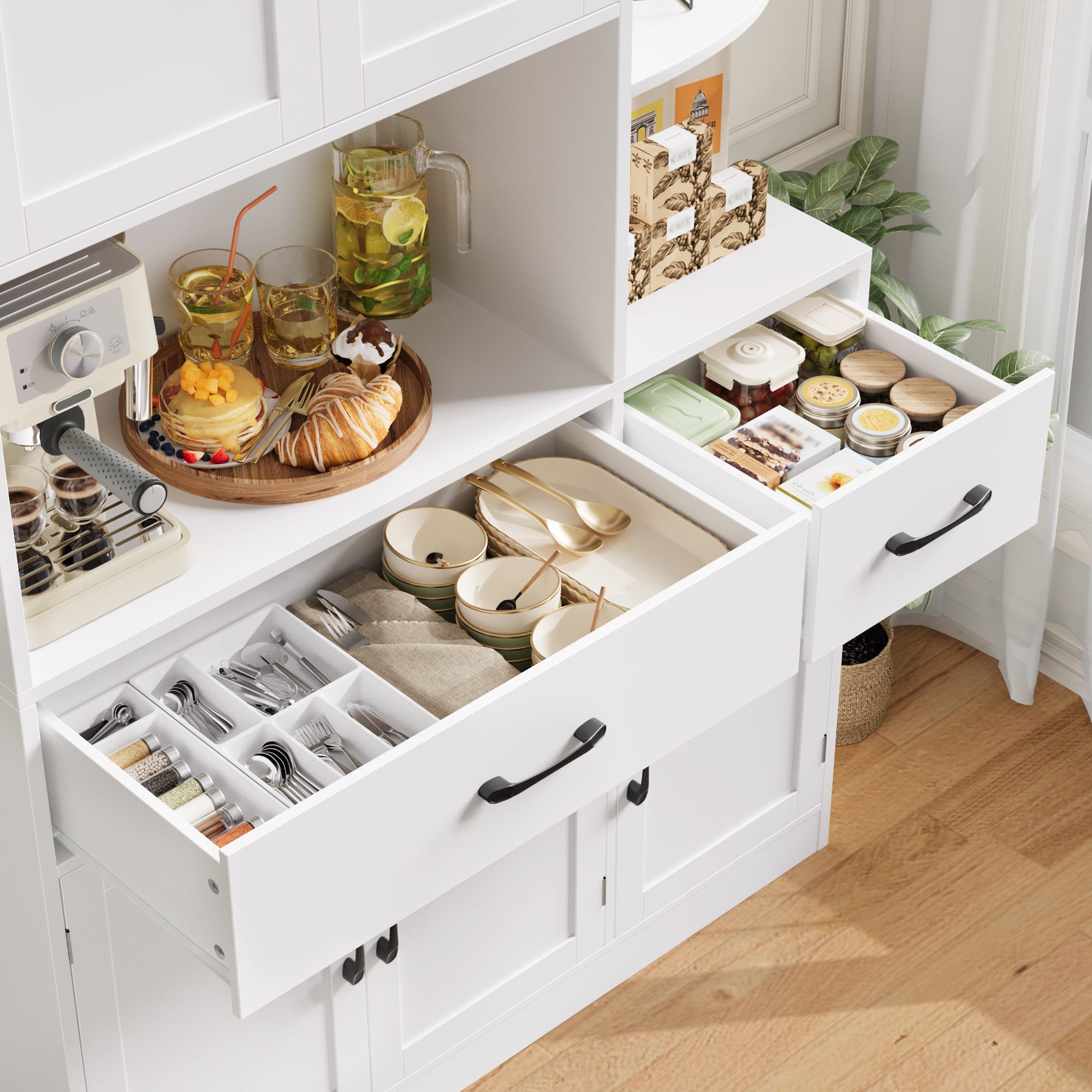 HOMECHO Küchenbuffet 177cm Hohe Buffetschrank Weiß mit 5 Türen und 3 Eckregal