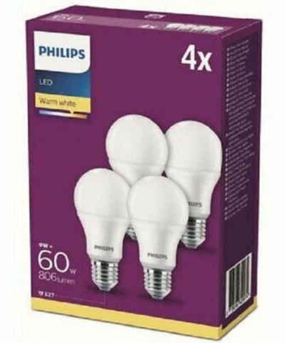 Philips LED-Leuchtmittel 4er Pack, E27, LED Glühbirne Matt 9W=60W E27 806lm A+ 15000h 2700K Warmweiß