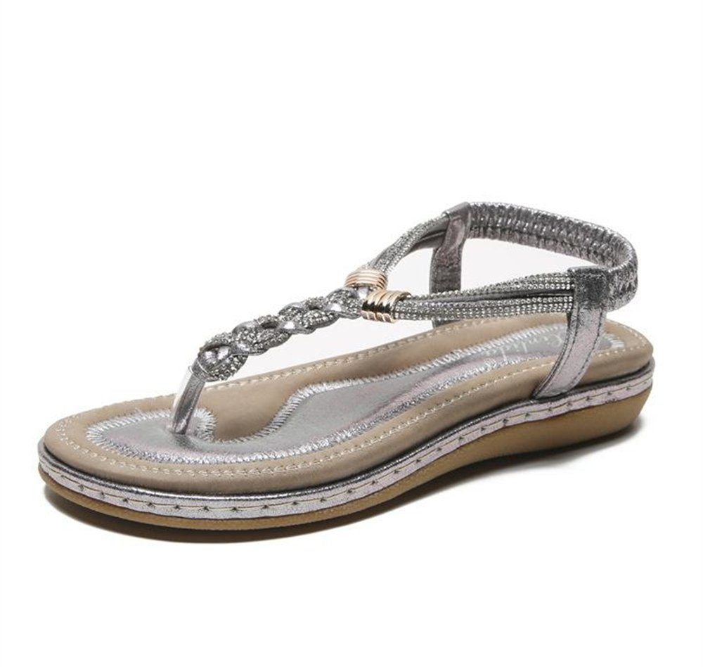 Rouemi Damen-Sommer-Sandalen, modische und helle Strand-Sandalen Hausschuhe Riemchensandale Silberfarben