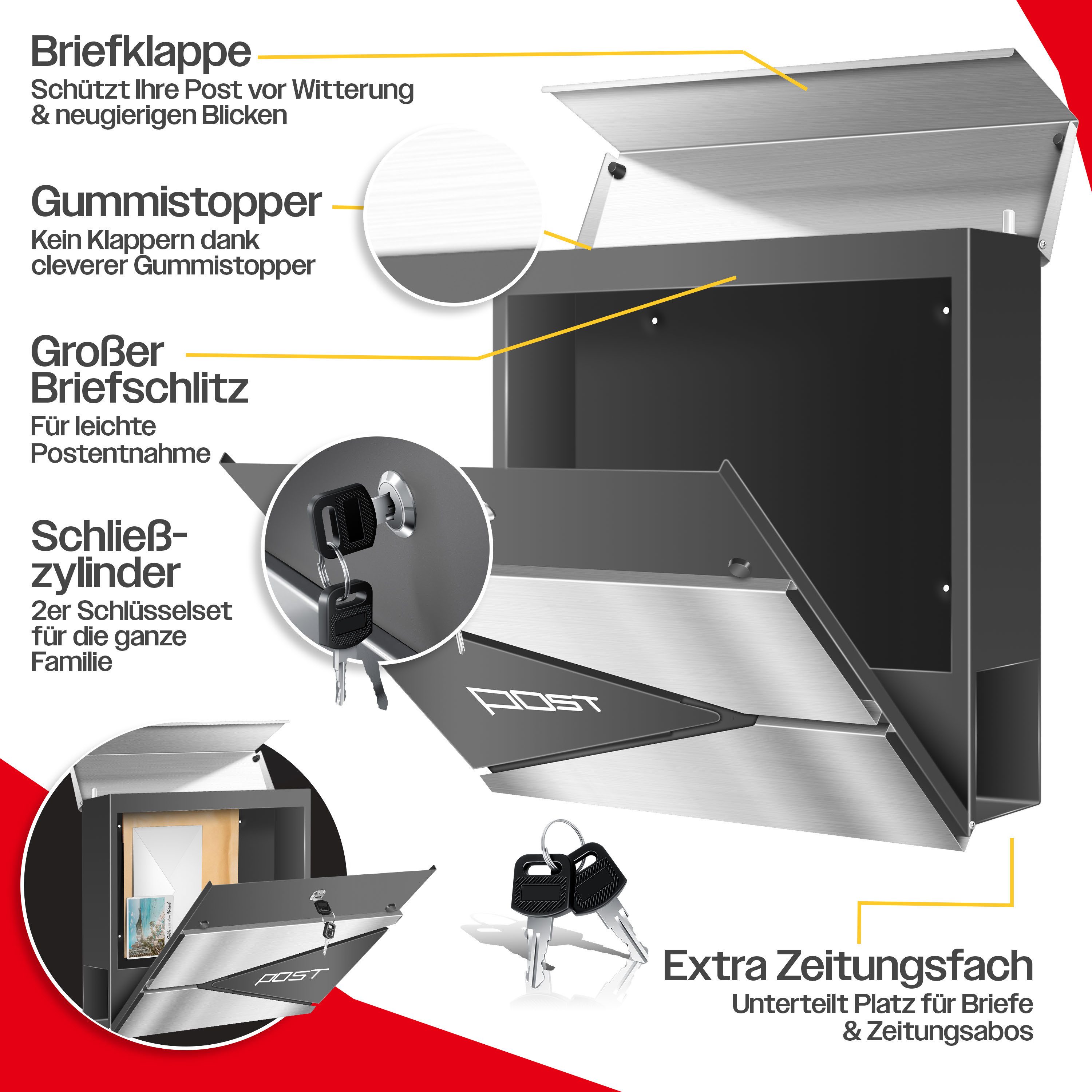 KESSER Briefkasten, mit Zeitungsfach Wandmontage Wandbriefkasten Edelstahl