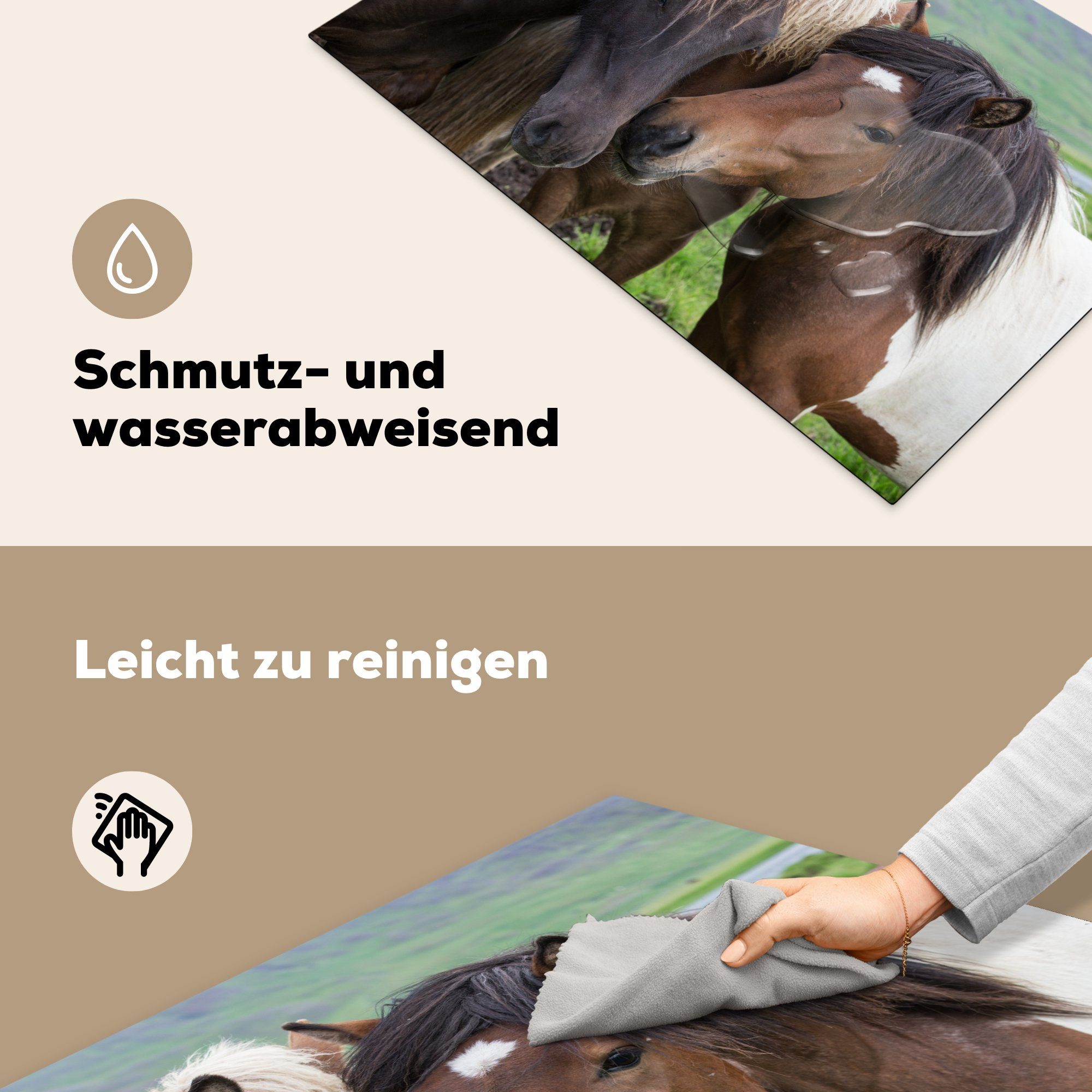 die küche, 81x52 Herdblende-/Abdeckplatte Vinyl, für Induktionskochfeld (1 Tiere - Pferde cm, - Schutz tlg), Ceranfeldabdeckung Braun, MuchoWow