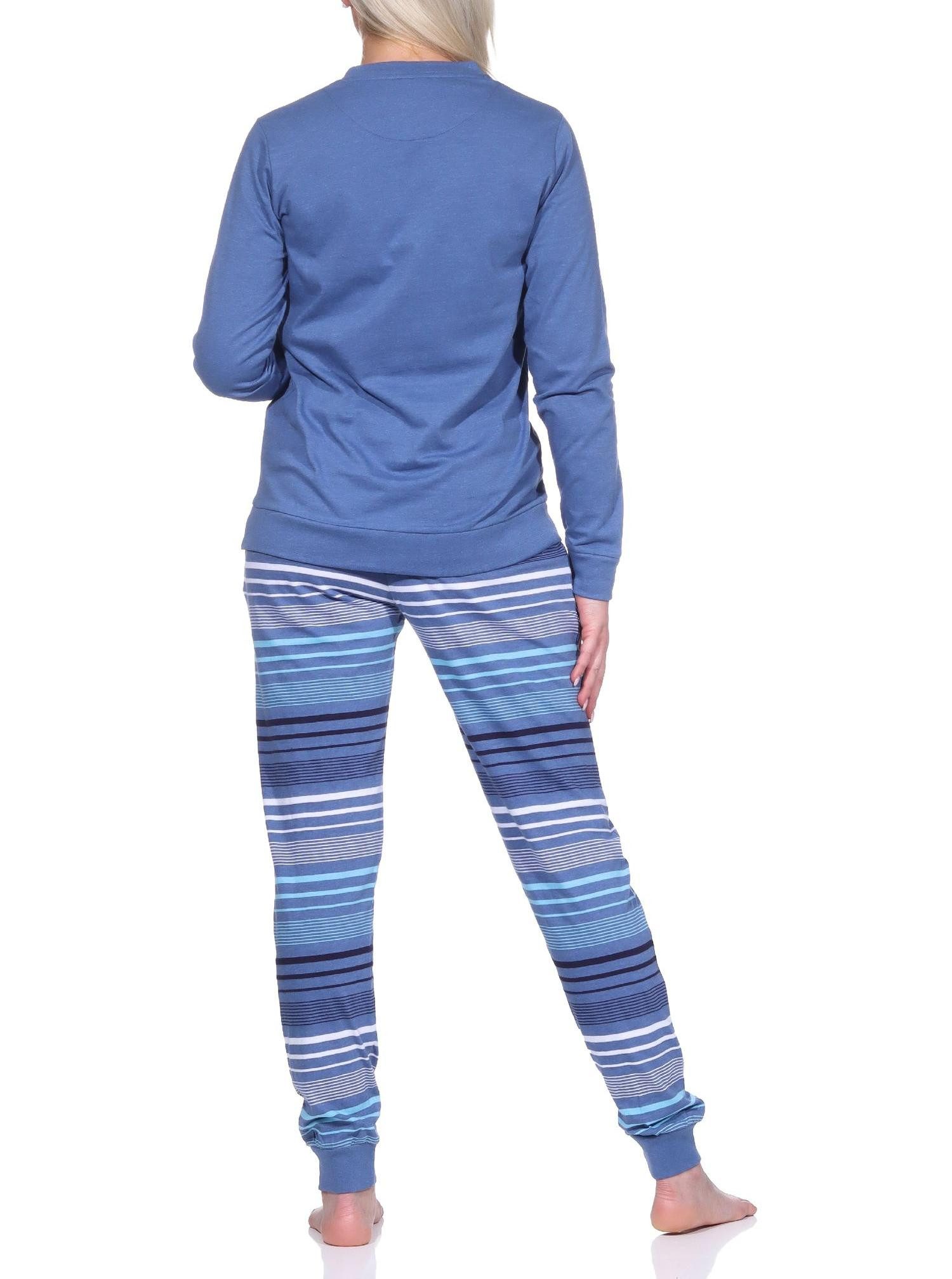Normann Pyjama Damen Pyjama mit Bündchen und gestreifter Hose + Herzmotiv