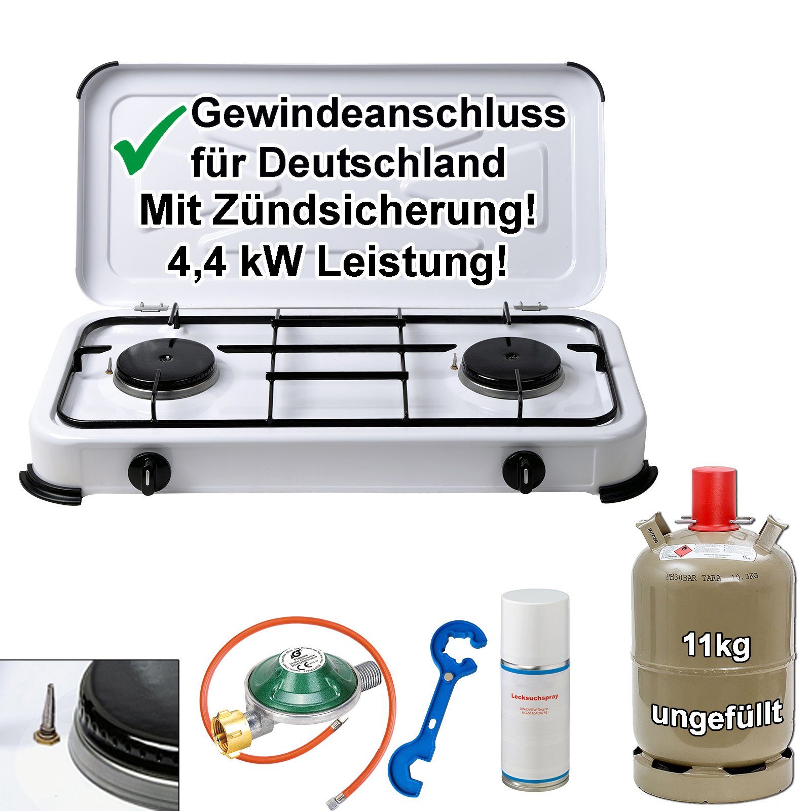 BlueCraft Gaskocher 2-flammig mit Zündsicherung, Gasschlauch 100 cm, Gasregler 50 mbar, mit Propan Gasflasche 11 kg ungefüllt-leer 2 in 1 Gasreglerlöser