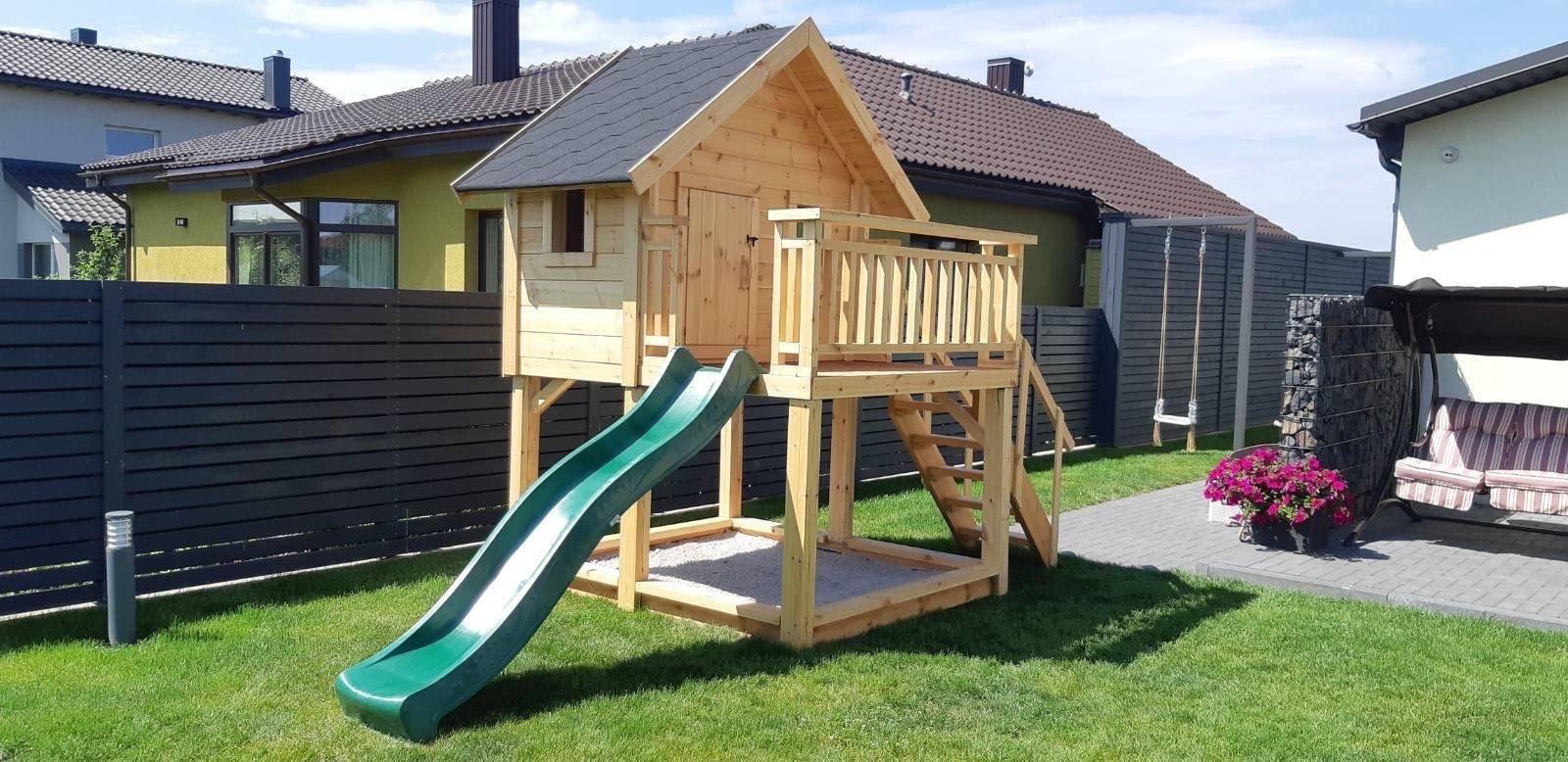 JVmoebel Gartenhaus Spielplatz Turm Baumhaus Schaukel Rutsche Hütte  Kinderhaus, BxT: 209x180 cm, (1x Kinderhaus), Made in Europa