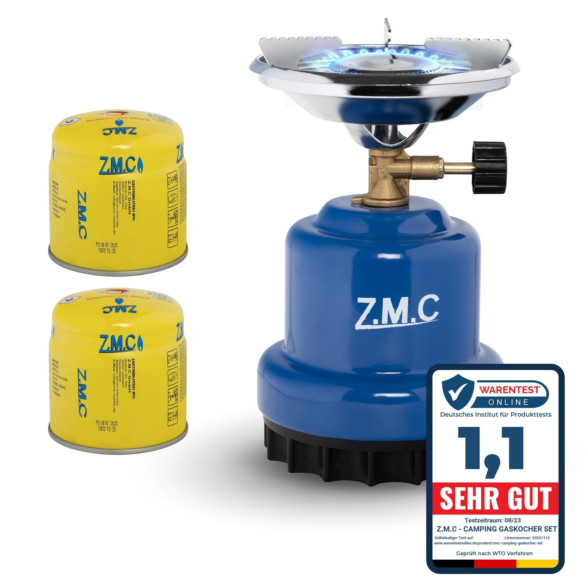 ZMC Gaskocher Campingkocher Gaskocher Shisha Kohleanzünder Herd + 2x Gaskartuschen, (Maximale Temperatur: 1100W / Gewicht: 520g / 190g Butangas), Butangasbrenner Kartuschenkocher Kochfeld für Festivals, Wanderungen