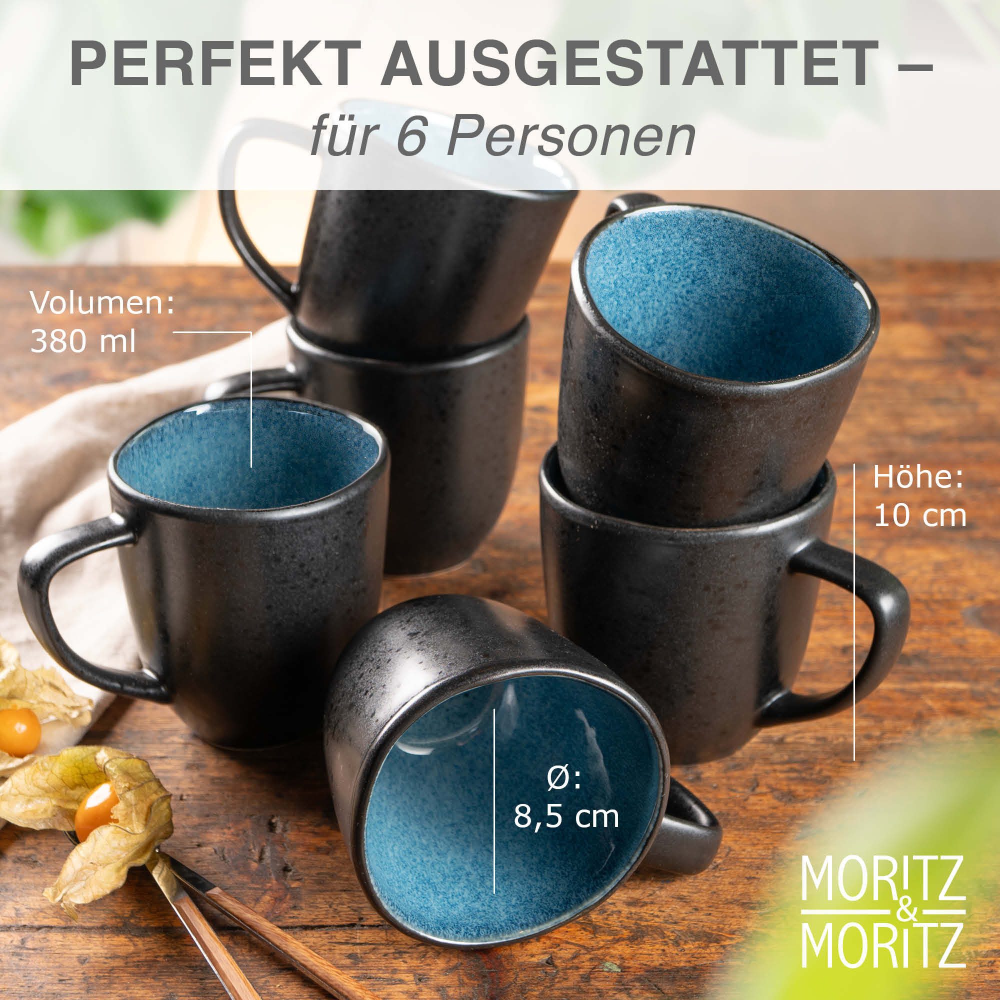 Moritz & Moritz Tasse ORGANIC reaktiv blau Tassen Set 6 tlg., 6-tlg., Steinzeug, für 6 Personen - spülmaschinen- und mikrowellengeeignet