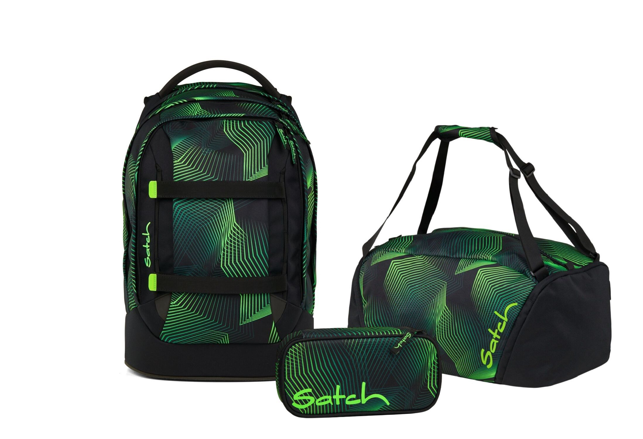 Satch Schulranzen Schulrucksack-Set PACK Seismic Green 3-teilig (3-teilig), ergonomisch, Your-Size-System: auf Körpergröße anpassbar