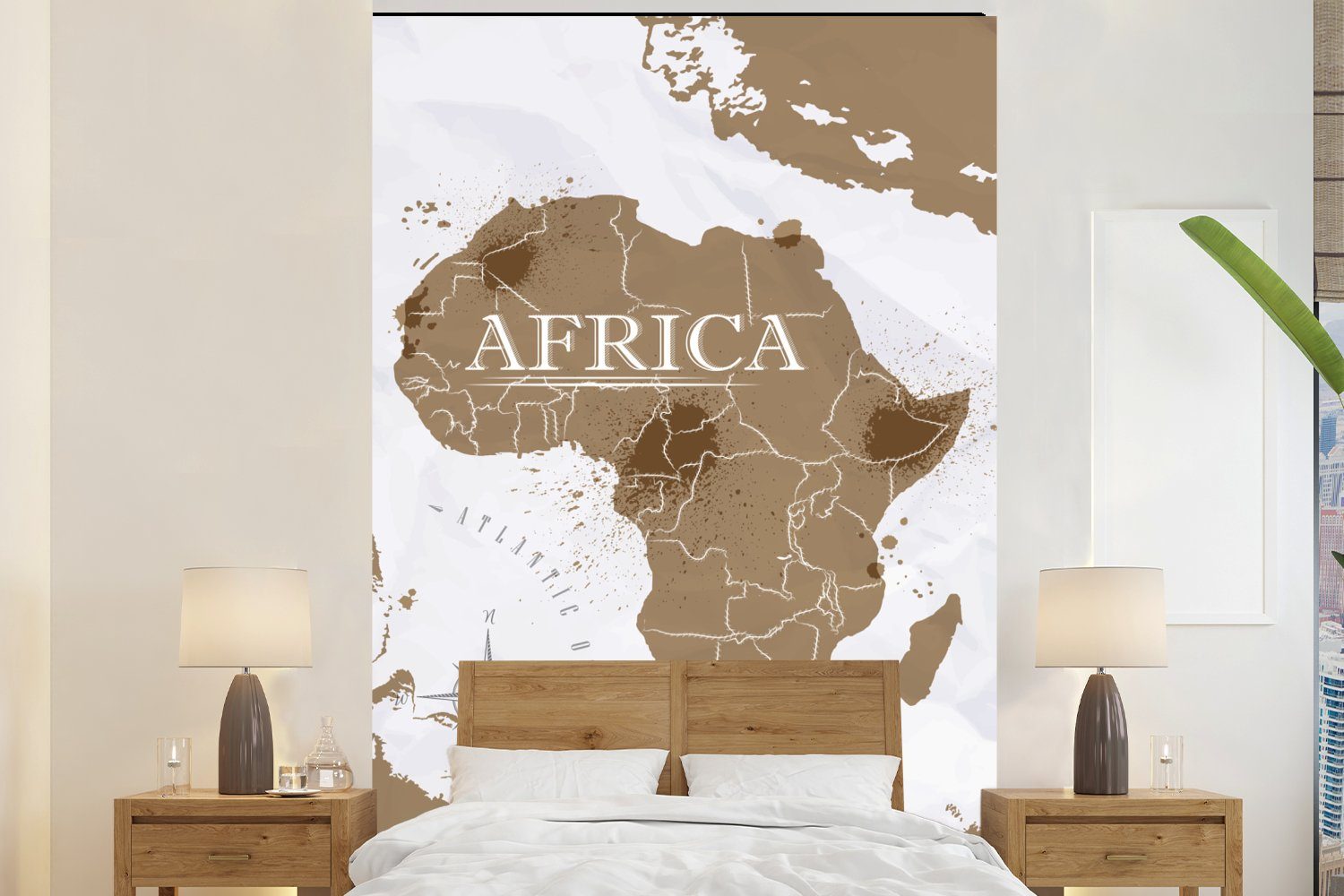 MuchoWow Fototapete Weltkarte - Braun - Afrika, Matt, bedruckt, (3 St), Montagefertig Vinyl Tapete für Wohnzimmer, Wandtapete