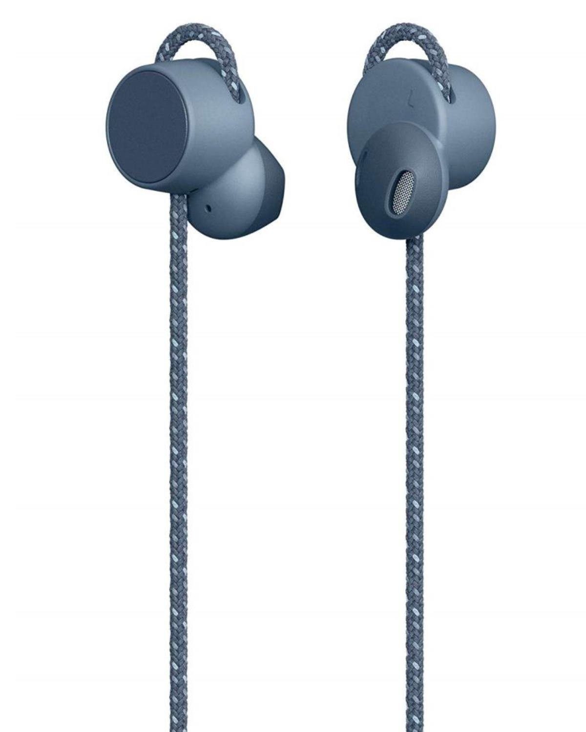 Urbanears Jakan Bluetooth In-Ear Headset Blau Headset (integriertes Mikrofon, Bluetooth, Anruffunktion 12 Stunden Akkulaufzeit Magnetische Ohrhörer Bedienknopf)