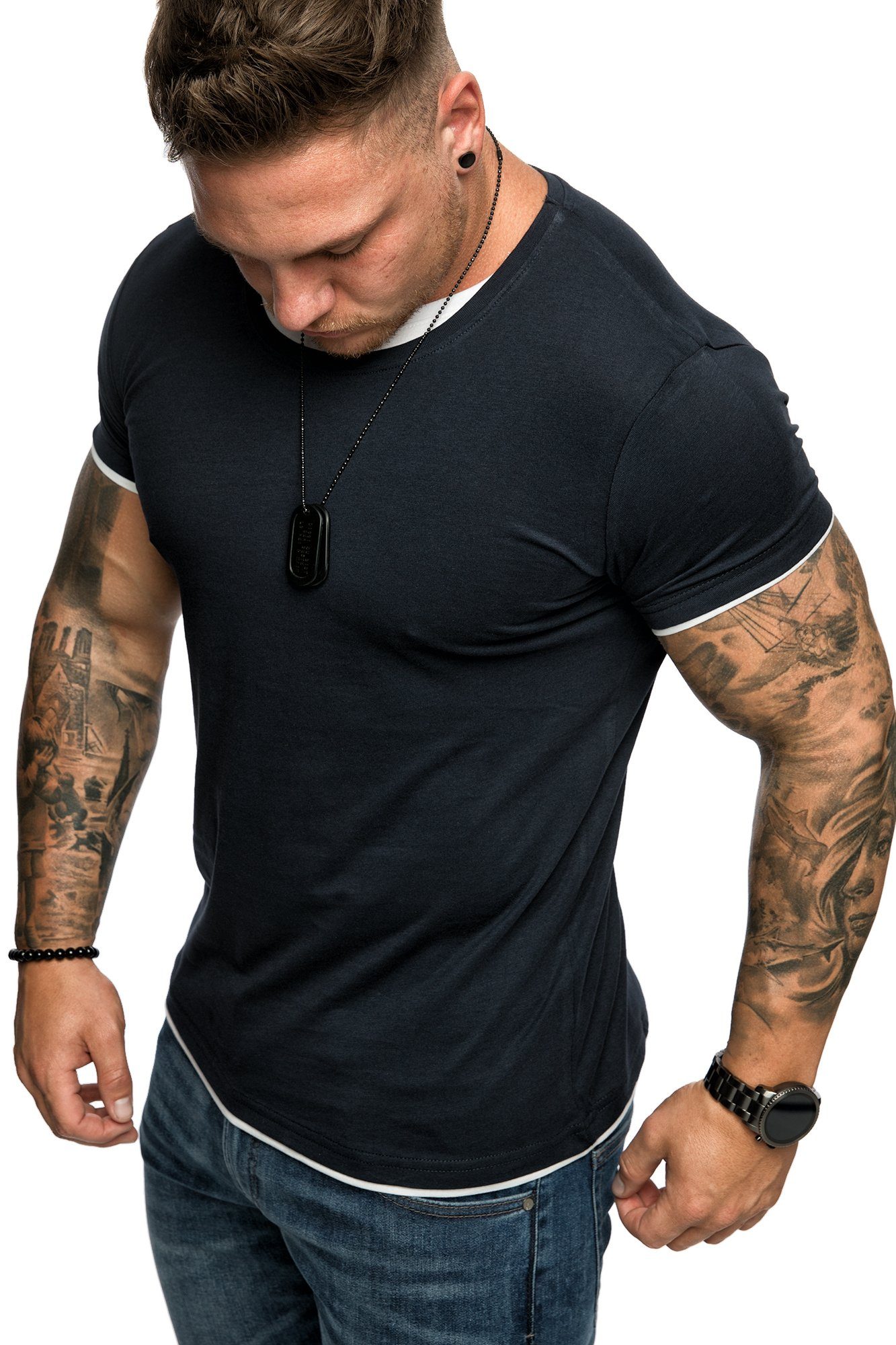 Amaci&Sons T-Shirt LAKEWOOD Herren Slim-Fit Basic Shirt Doppel Farbig mit Rundhalsausschnitt Navyblau/Weiß