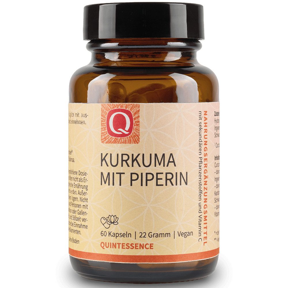 Quintessence Kurkuma mit Piperin mit Curcumin – 60 Kapseln, vegan, mit Vitamin C Kapseln, 22 g, Hochwertige Premiumqualität - vegan