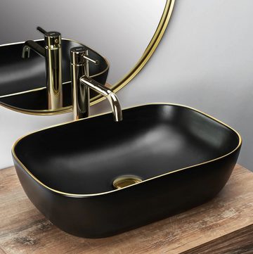 wohnwerk.idee Aufsatzwaschbecken Waschbecken Belinda Schwarz Matt Poliert Gold Goldrand