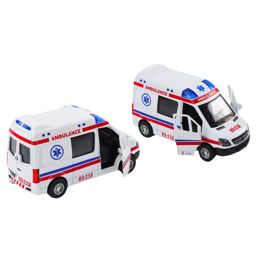 LEAN TOYS Spielzeug-Krankenwagen Rettungswagen Einsatzfahrzeug Sammlermodell, (Spar-Set, 1-tlg., 12,5x6,5x5,5 cm robust), Licht & Sirene, Friktionsantrieb, öffnende Türen