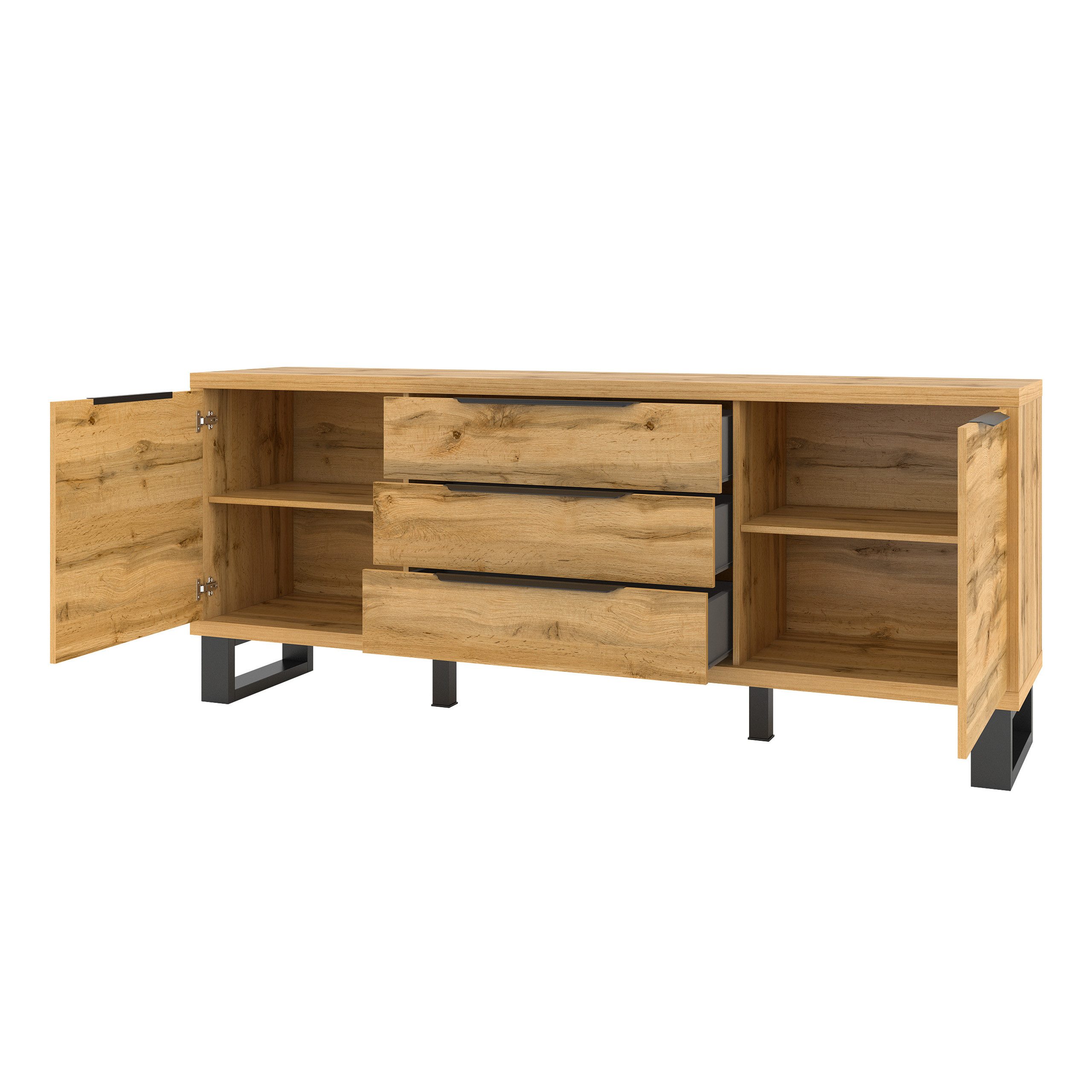 Masseno Kommode HALENZA 201 cm Sideboard mit 3 Schubladen und 2 Türen Eiche Wotan
