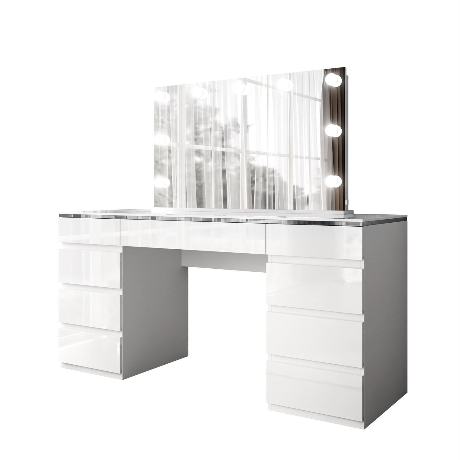 ALLHOUSE24 Schminktisch PEONY Silber weiß Hochglanz mit Spiegel Beleuchtung Kosmetiktisch (1x Schreibtisch, 1x Spiegel mit 9 LED Lampen), Breite 156,8 cm